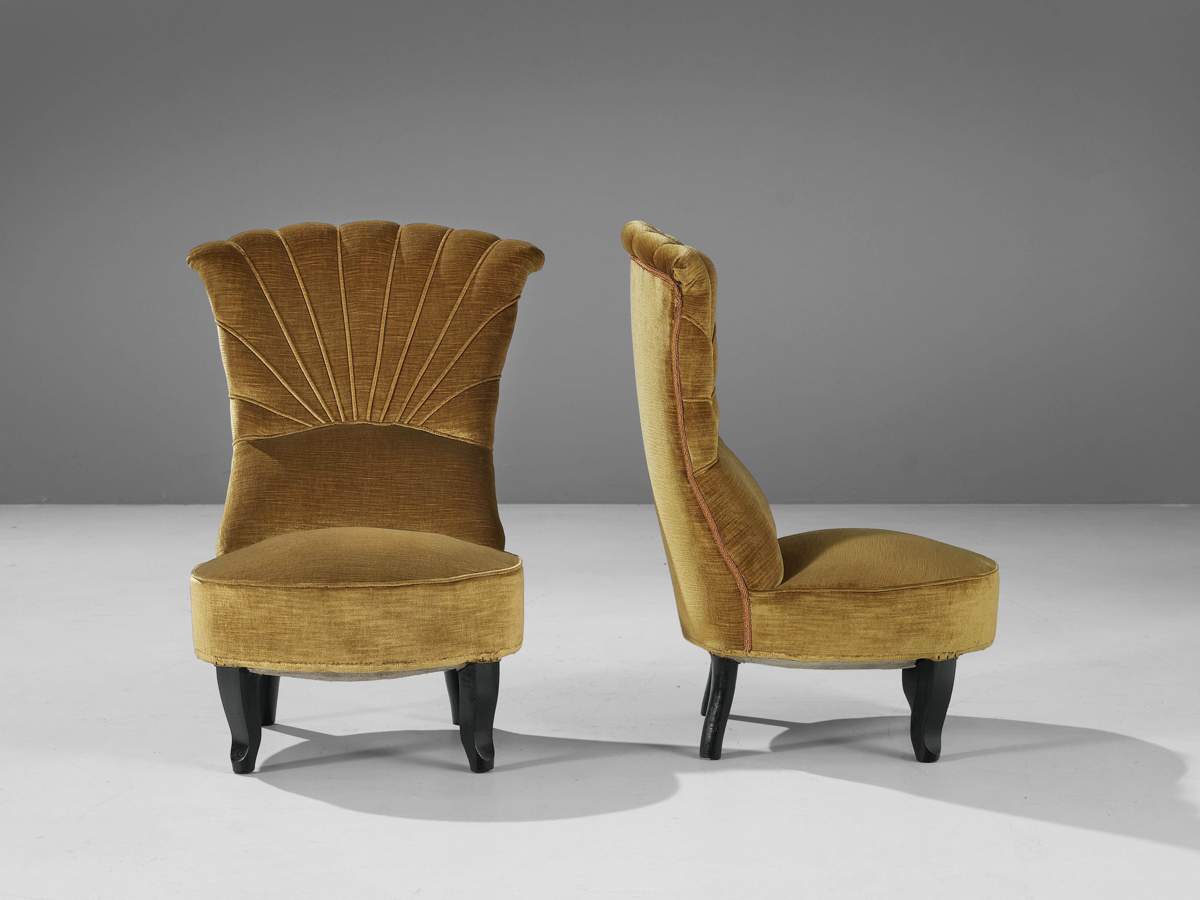 Pair of Art Deco Low Side Chairs in Mustard Velours Fabric 4