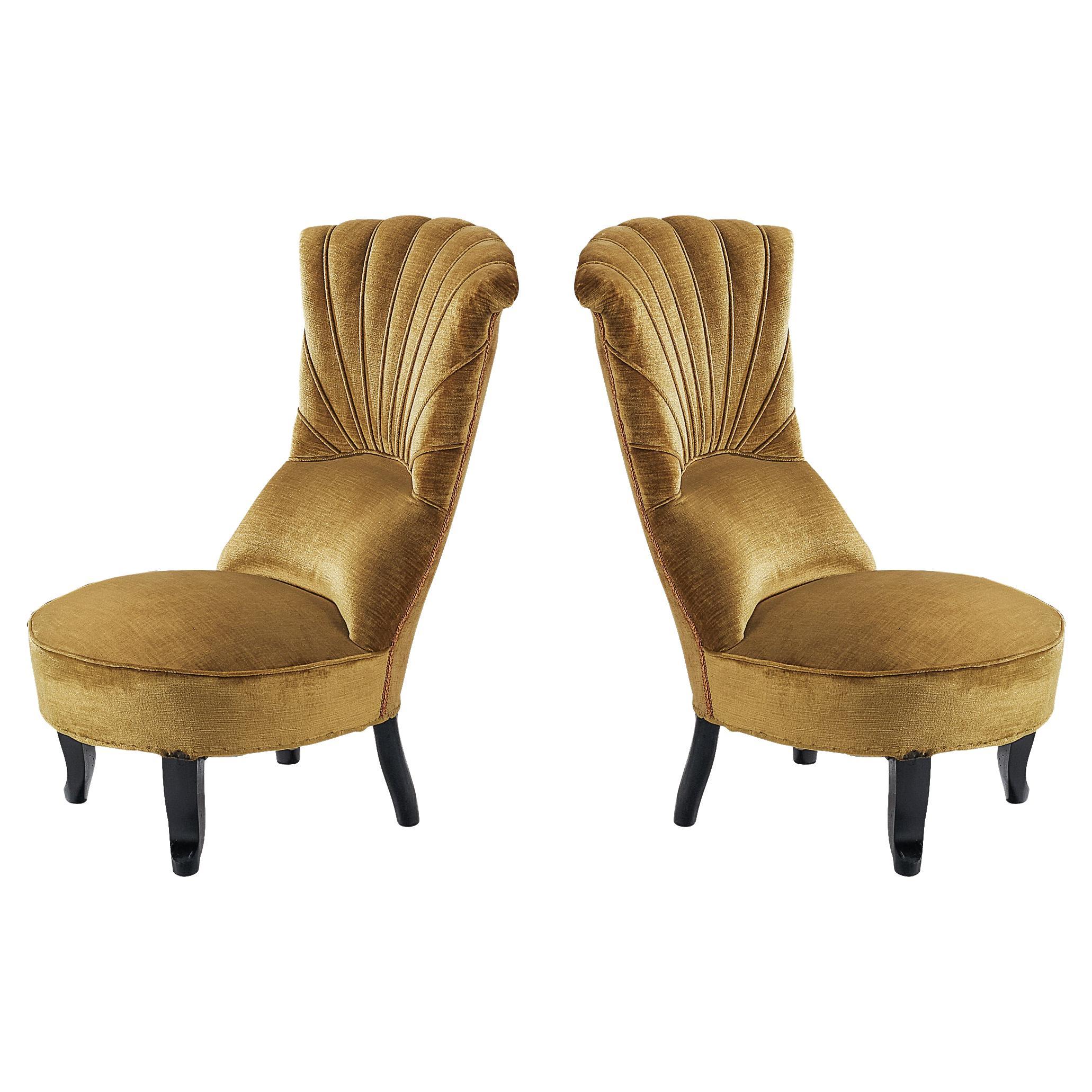 Pair of Art Deco Low Side Chairs in Mustard Velours Fabric