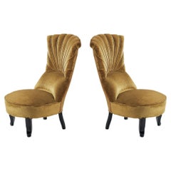 Pair of Art Deco Low Side Chairs in Mustard Velours Fabric