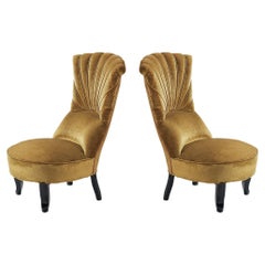 Pair of Art Deco Low Side Chairs in Mustard Velours Fabric