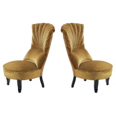 Pair of Art Deco Low Side Chairs in Mustard Velours Fabric