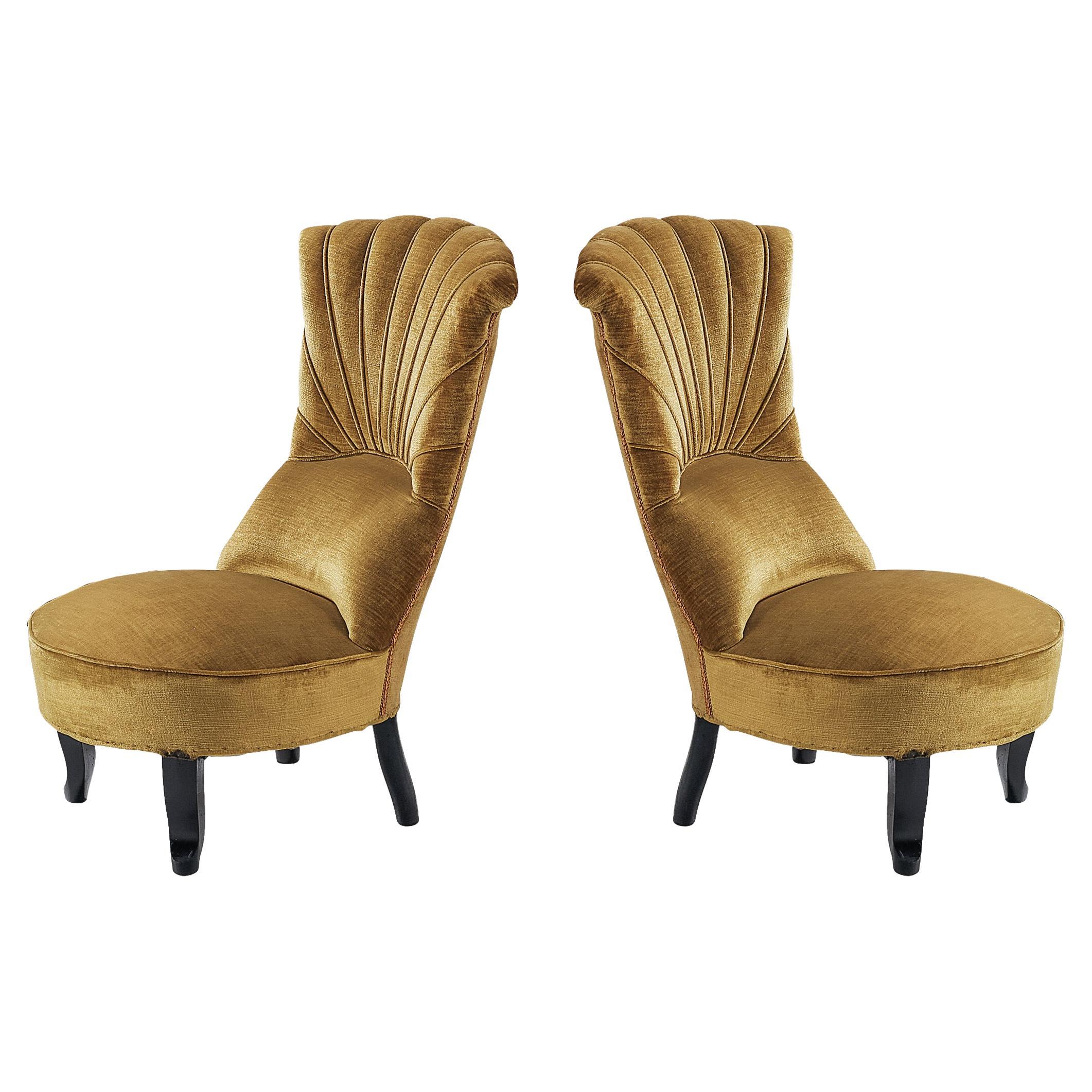 Pair of Art Deco Low Side Chairs in Mustard Velours Fabric