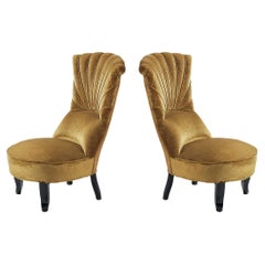 Pair of Art Deco Low Side Chairs in Mustard Velours Fabric