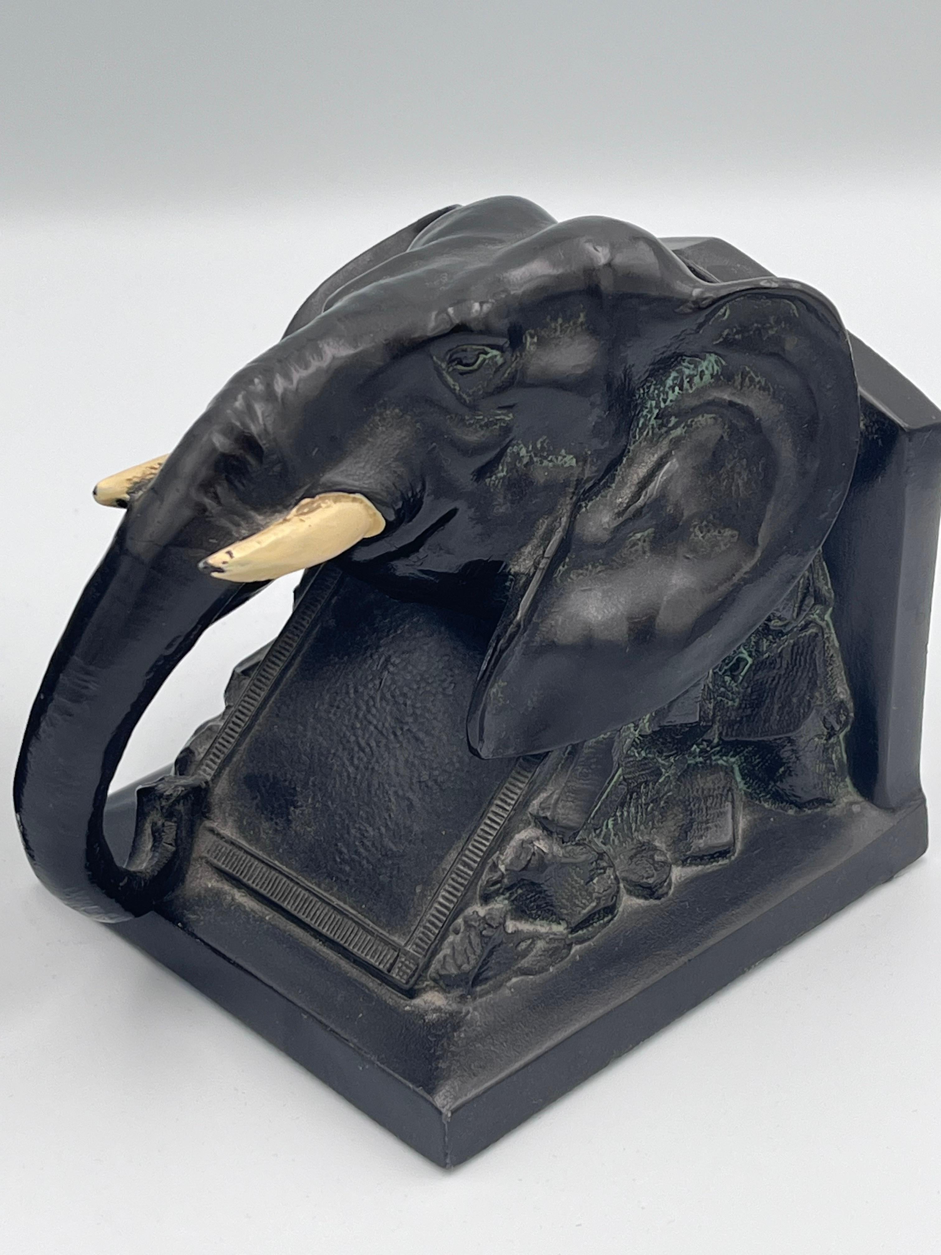 Pair of Art Deco LV Aronson Elephant Head Cold Painted Bookends, 1922 For Sale 3
