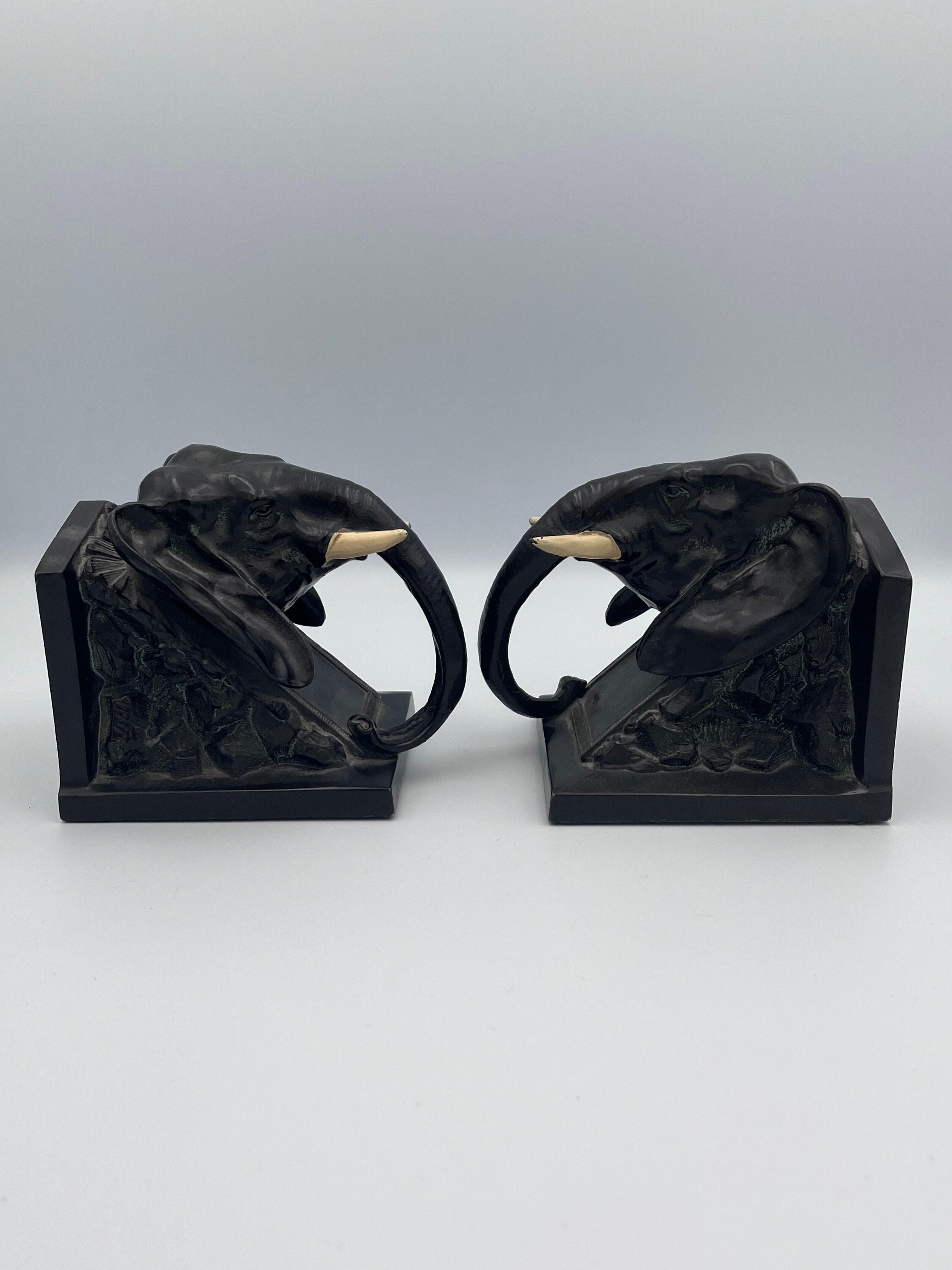 American Pair of Art Deco LV Aronson Elephant Head Cold Painted Bookends, 1922 For Sale