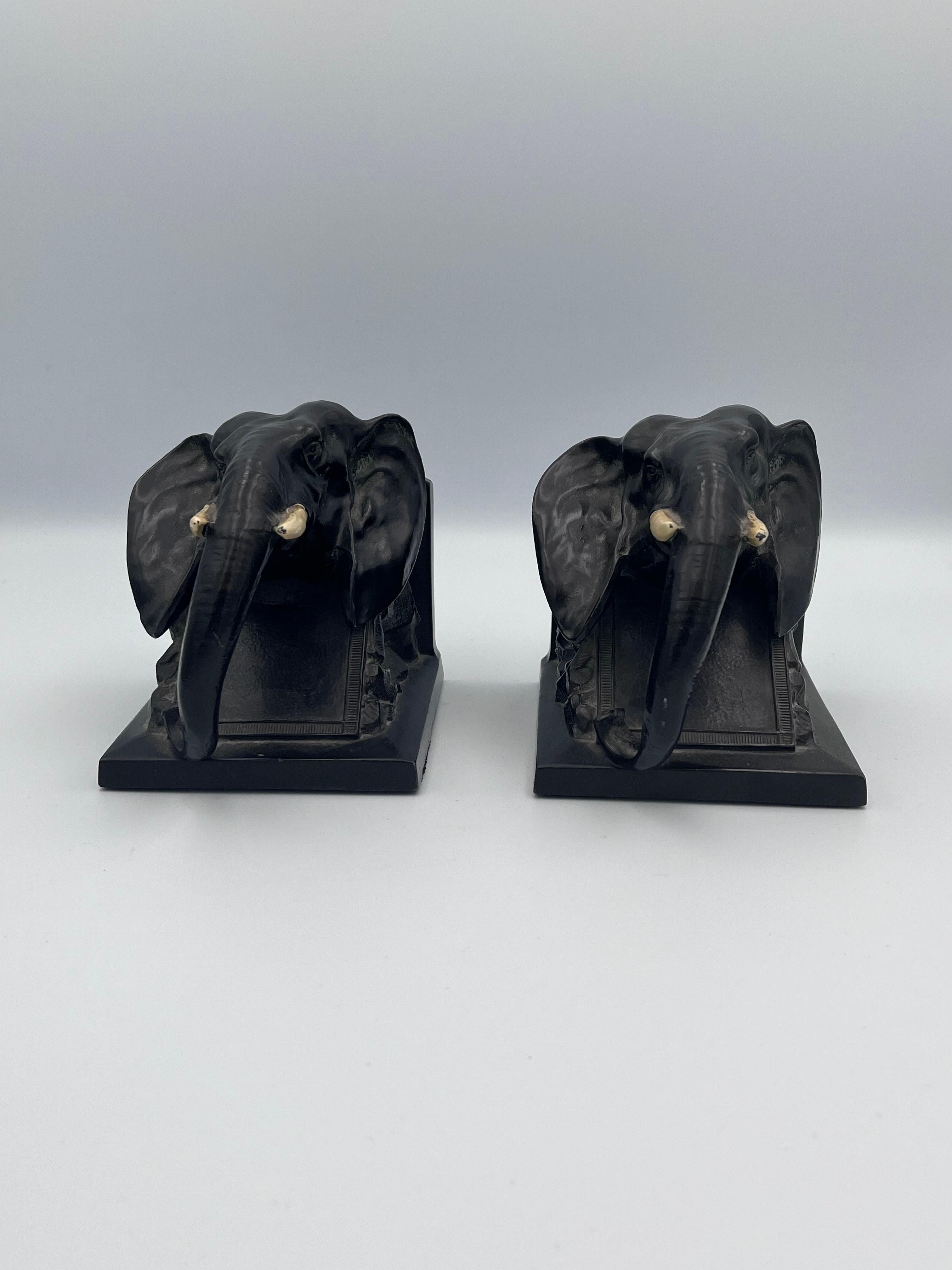 Pair of Art Deco LV Aronson Elephant Head Cold Painted Bookends, 1922 In Good Condition For Sale In Red Lion, PA