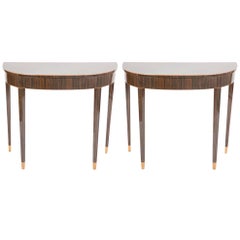 Pair of Art Deco Macassar Ebony Demilune Tables with Maple Tipped Feet