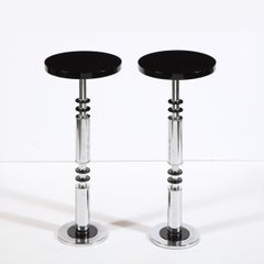 Pair of Art Deco Machine Age Banded Drinks Tables in Black Lacquer and Chrome