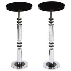 Vintage Pair of Art Deco Machine Age Banded Drinks Tables in Black Lacquer and Chrome