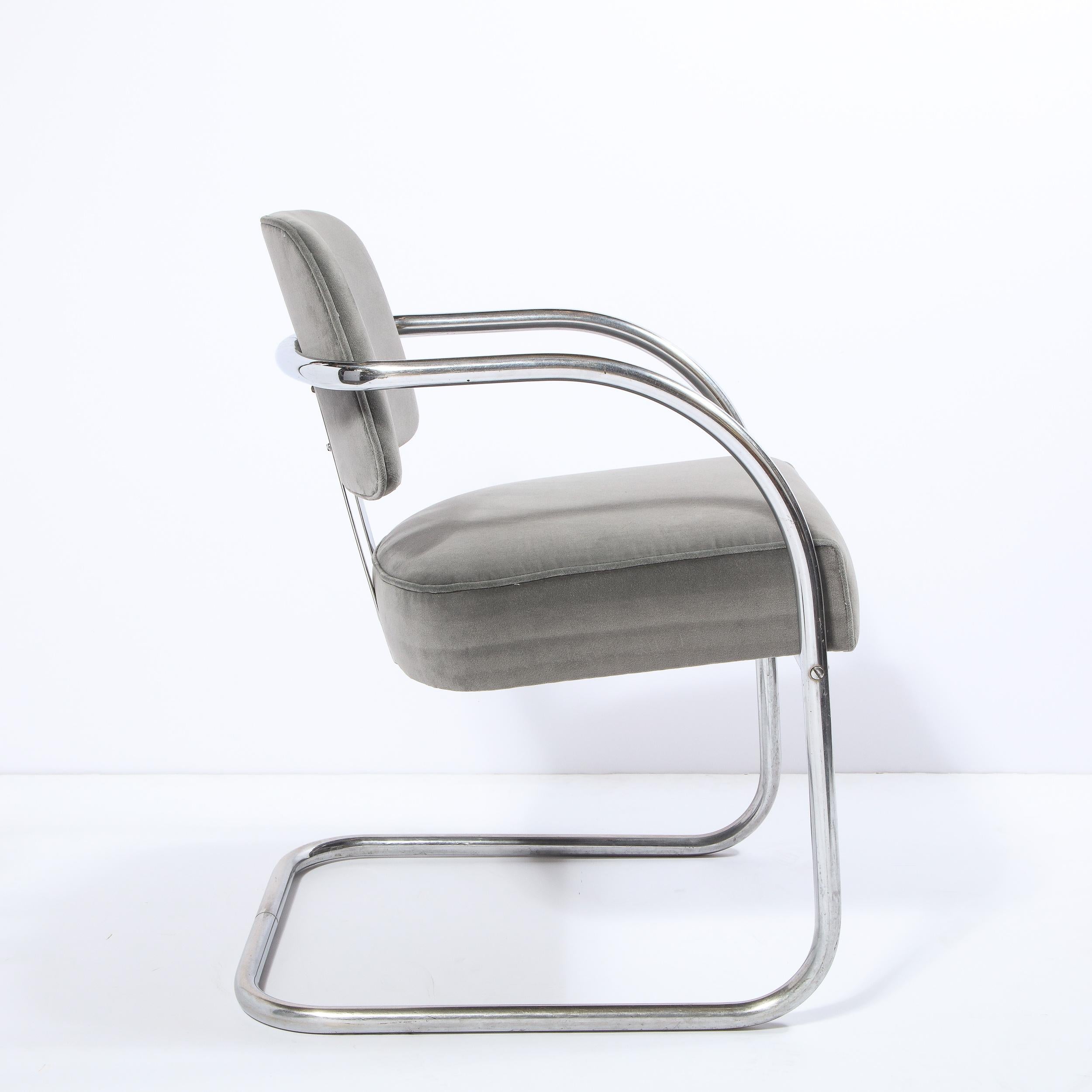 American Pair of Art Deco Machine Age Bent Aluminum and Platinum Velvet Occasional Chairs For Sale