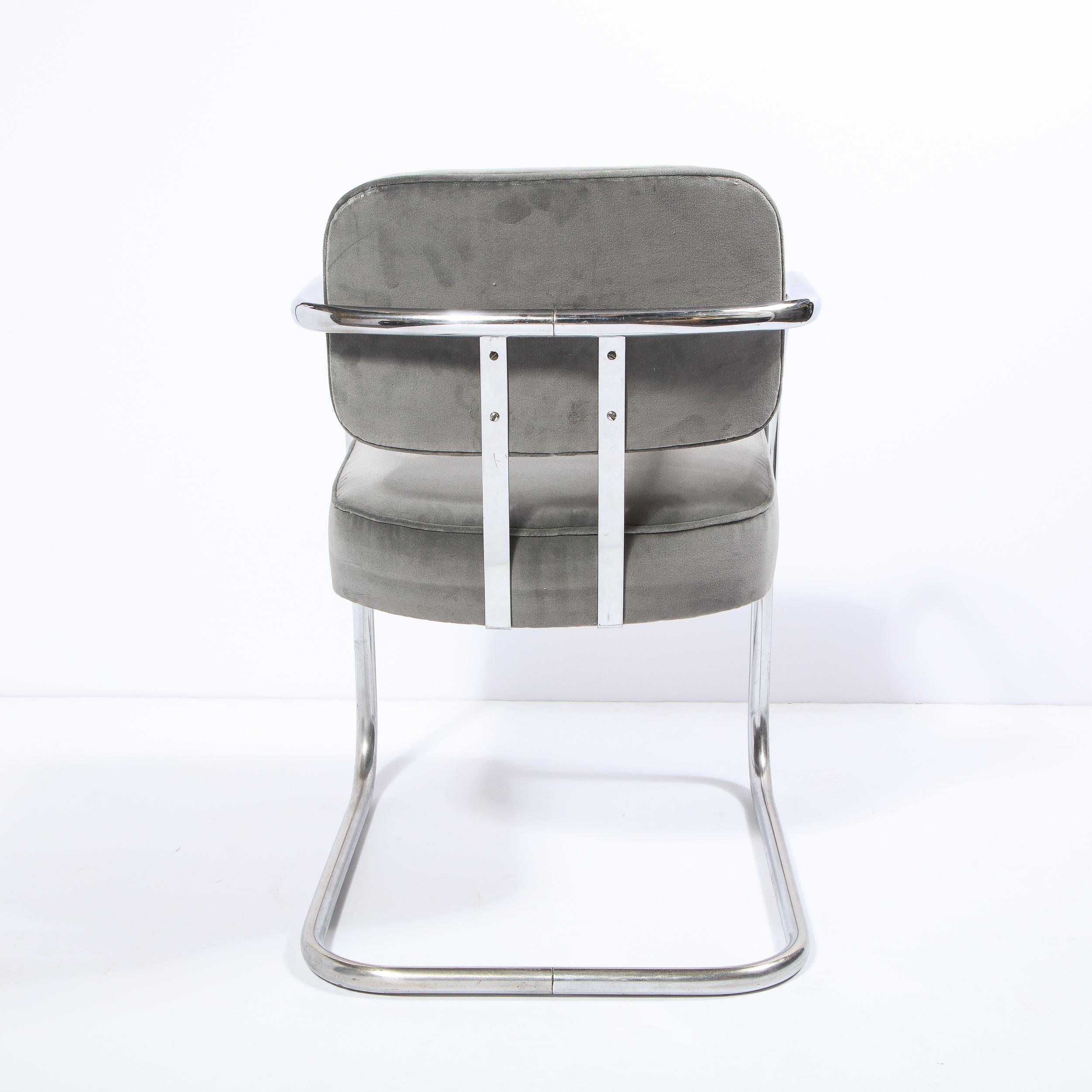 Mid-20th Century Pair of Art Deco Machine Age Bent Aluminum and Platinum Velvet Occasional Chairs For Sale