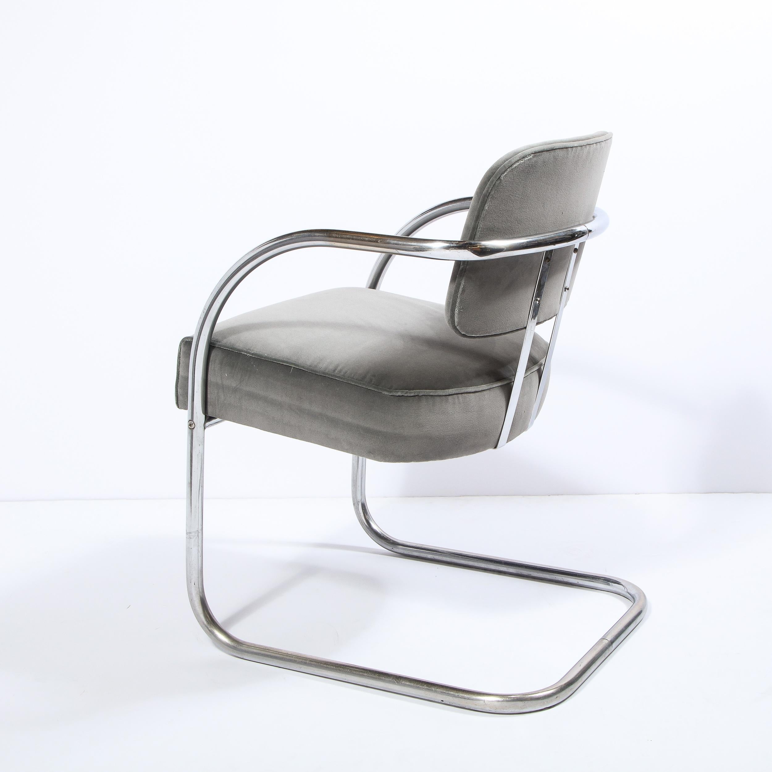 Pair of Art Deco Machine Age Bent Aluminum and Platinum Velvet Occasional Chairs For Sale 1