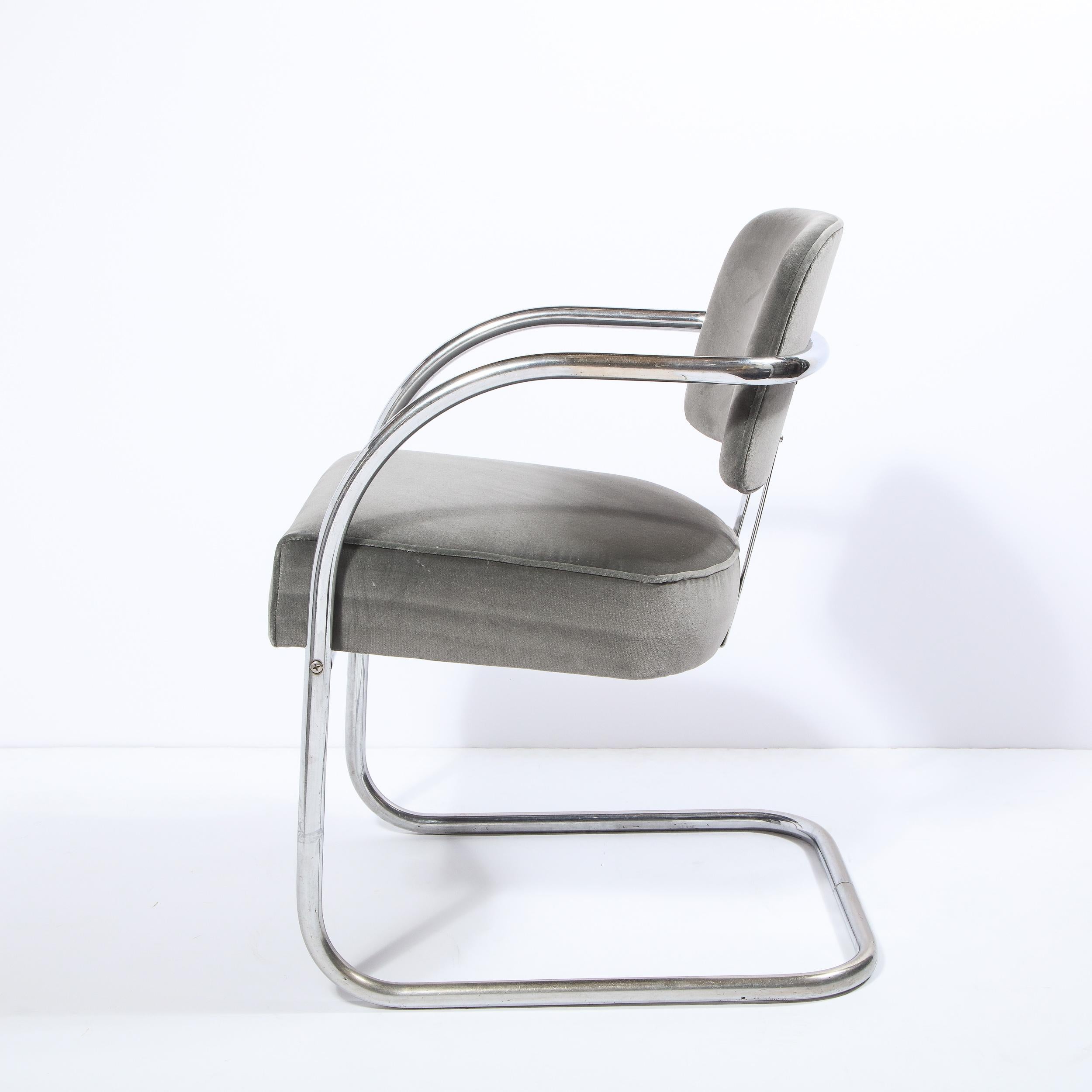 Pair of Art Deco Machine Age Bent Aluminum and Platinum Velvet Occasional Chairs For Sale 2