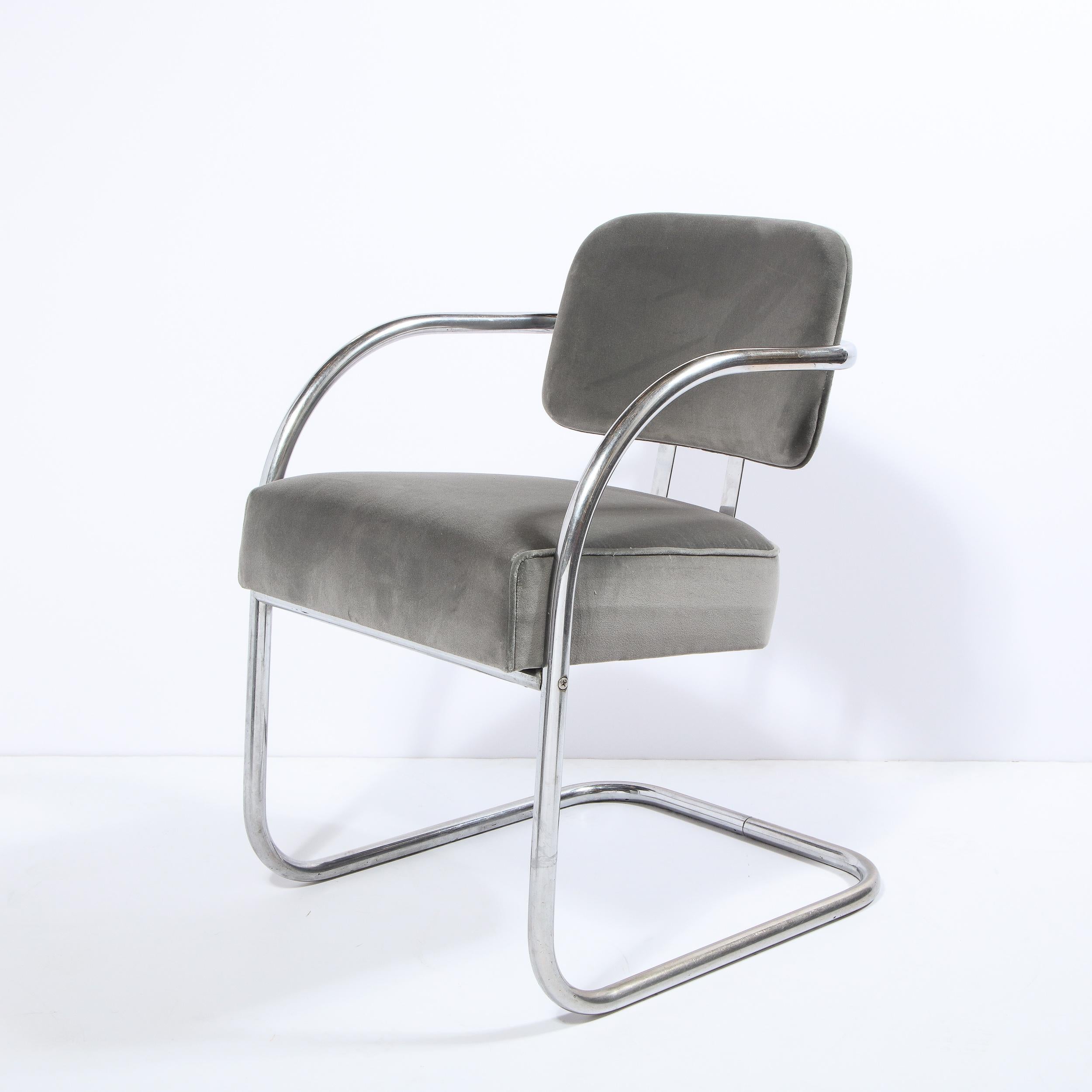 Pair of Art Deco Machine Age Bent Aluminum and Platinum Velvet Occasional Chairs For Sale 3