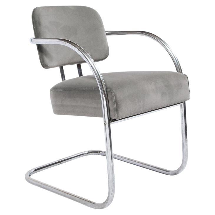 Pair of Art Deco Machine Age Bent Aluminum and Platinum Velvet Occasional Chairs For Sale