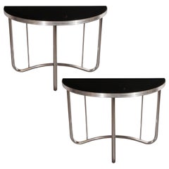 Pair of Art Deco Machine Age Black Enamel and Chrome Demilune Side Tables