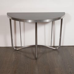 Pair of Art Deco Machine Age Black Enamel and Chrome Demilune Side Tables
