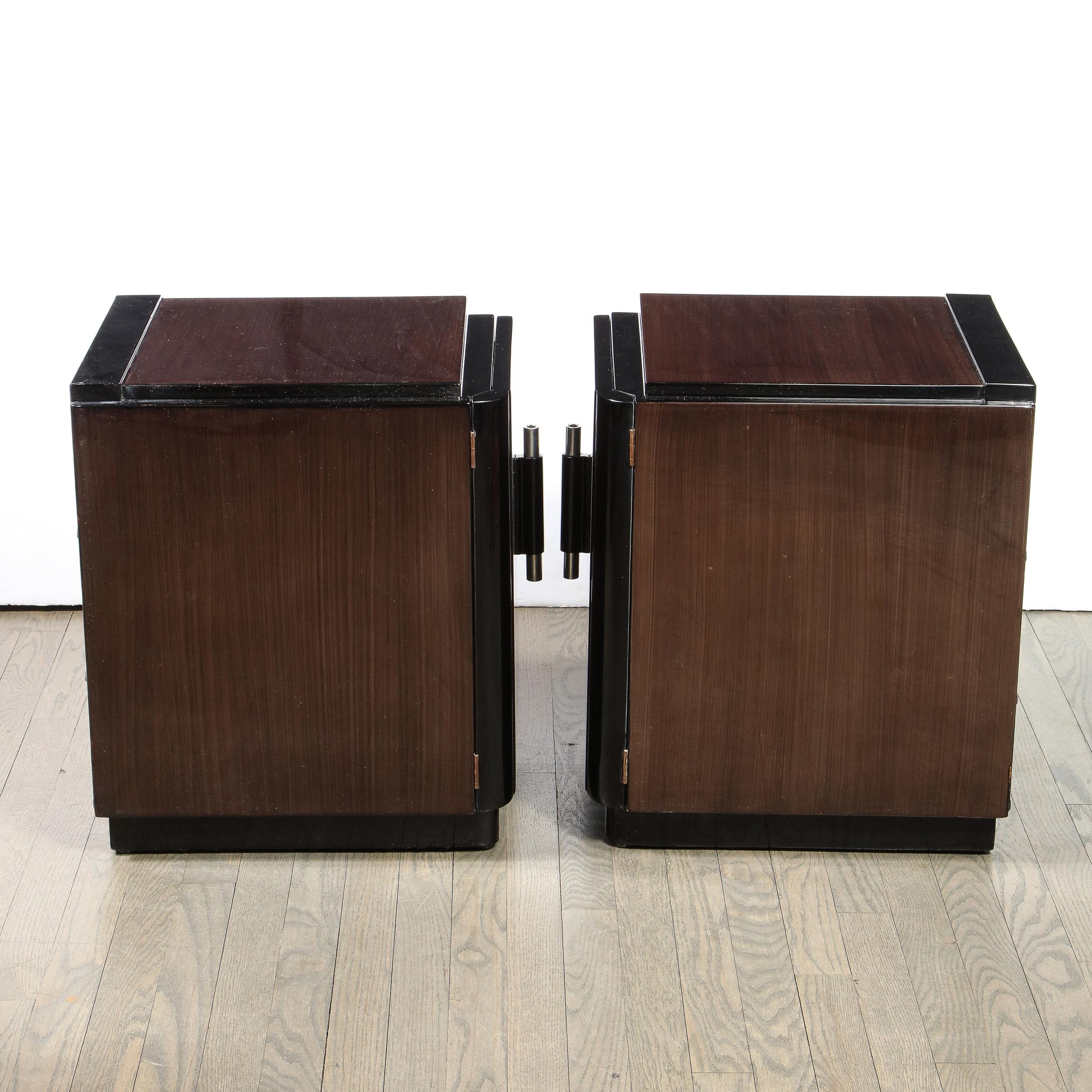 Pair of Art Deco Machine Age Bookmatched Walnut Nightstands w/ Lacquer Details For Sale 4