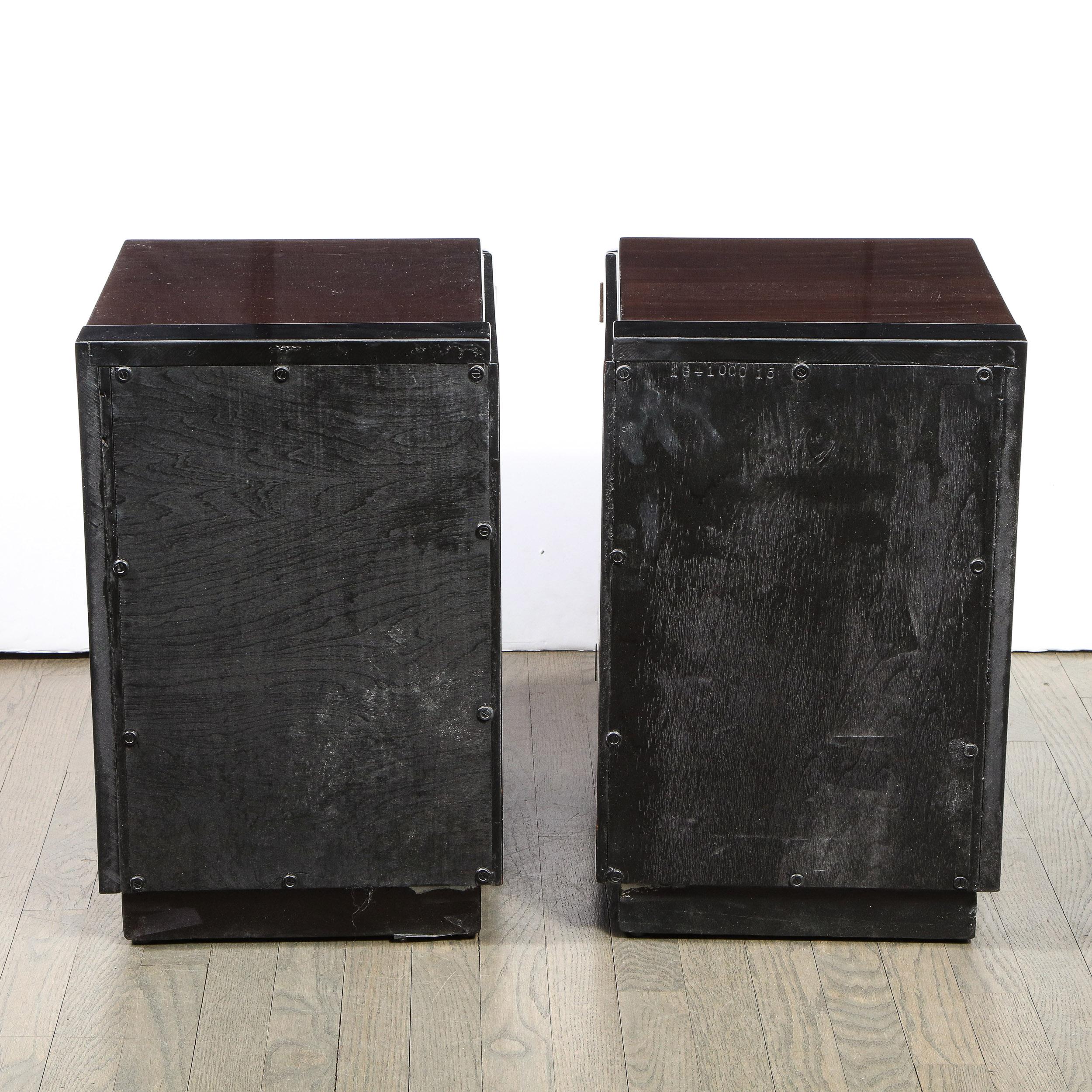 Pair of Art Deco Machine Age Bookmatched Walnut Nightstands w/ Lacquer Details For Sale 4