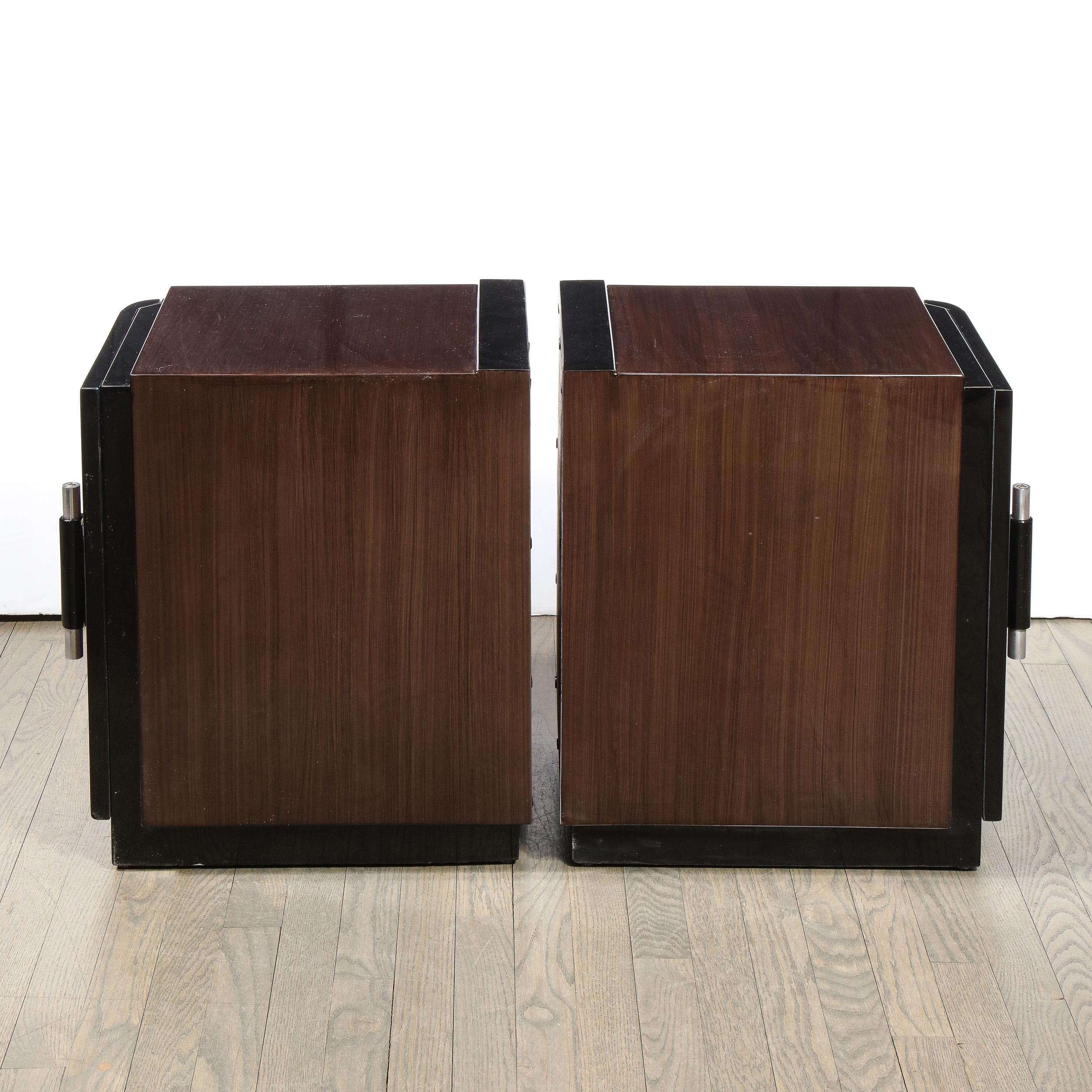 Pair of Art Deco Machine Age Bookmatched Walnut Nightstands w/ Lacquer Details For Sale 5