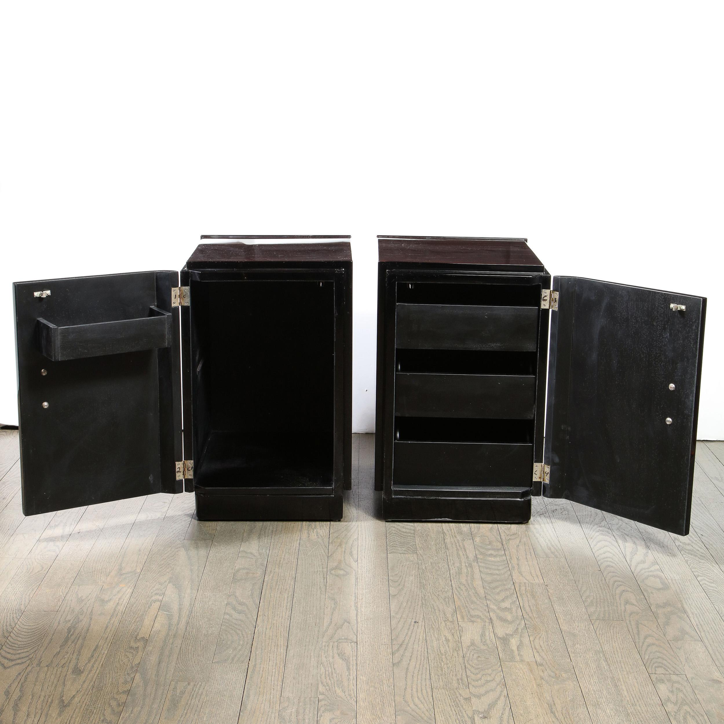 Brushed Pair of Art Deco Machine Age Bookmatched Walnut Nightstands w/ Lacquer Details For Sale