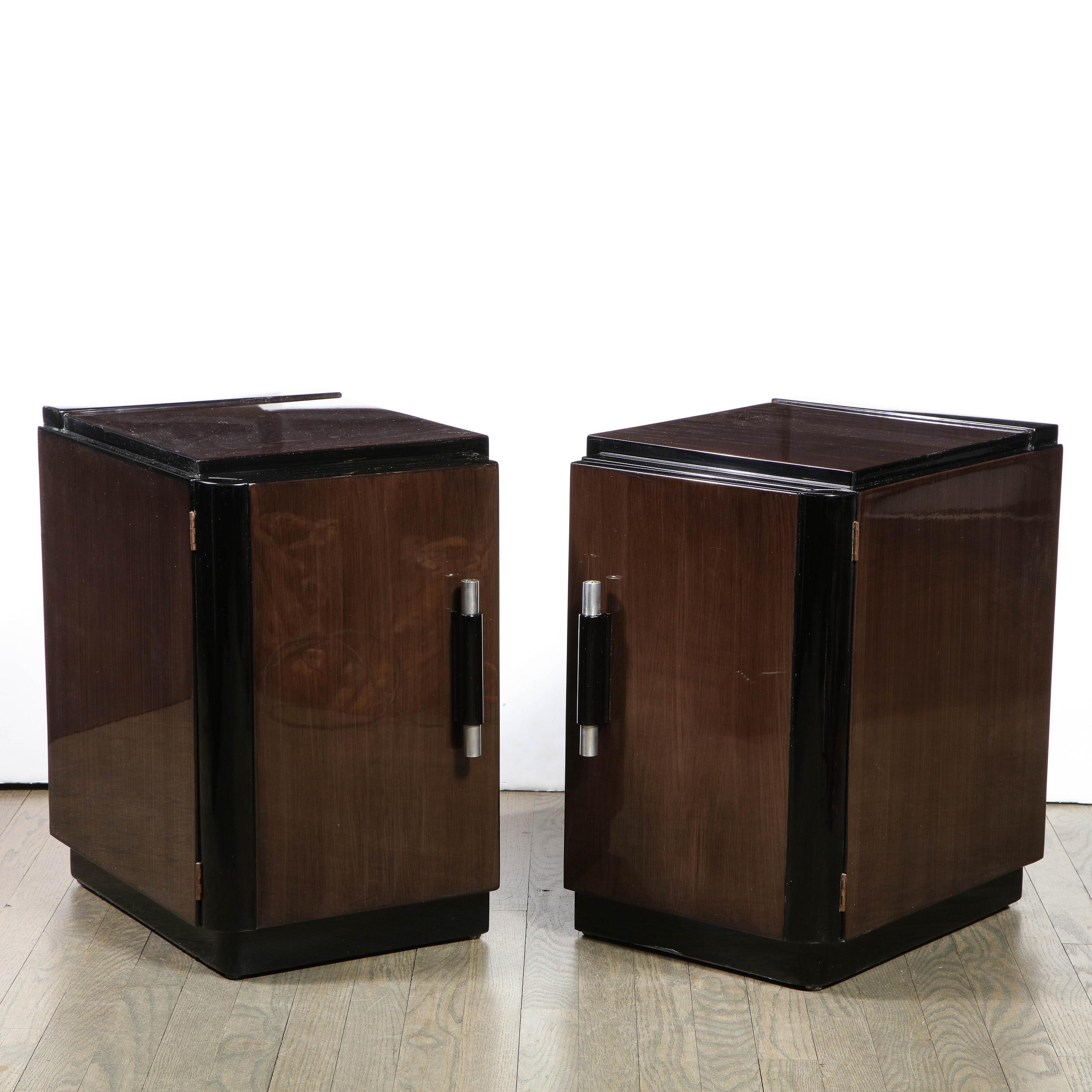 Pair of Art Deco Machine Age Bookmatched Walnut Nightstands w/ Lacquer Details For Sale 1