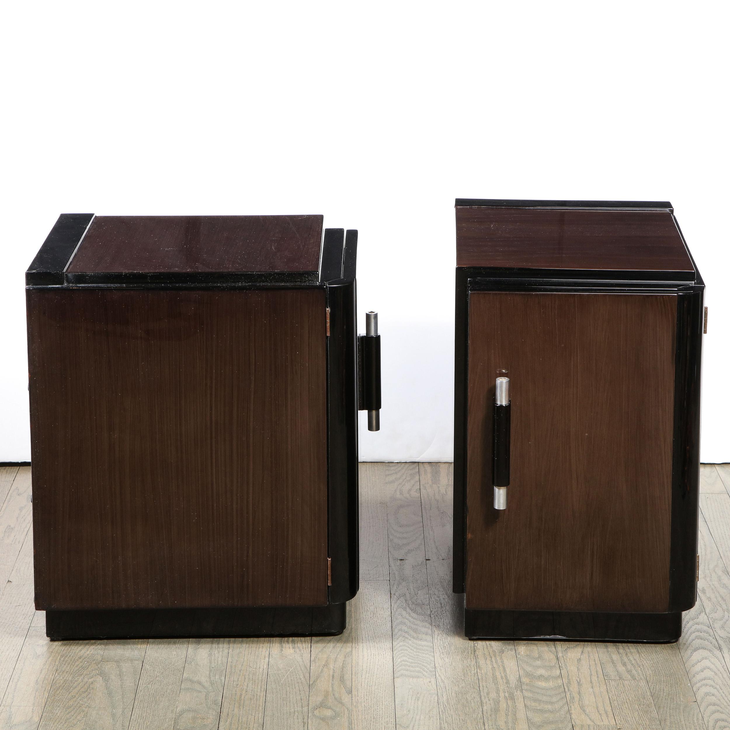 Pair of Art Deco Machine Age Bookmatched Walnut Nightstands w/ Lacquer Details For Sale 3