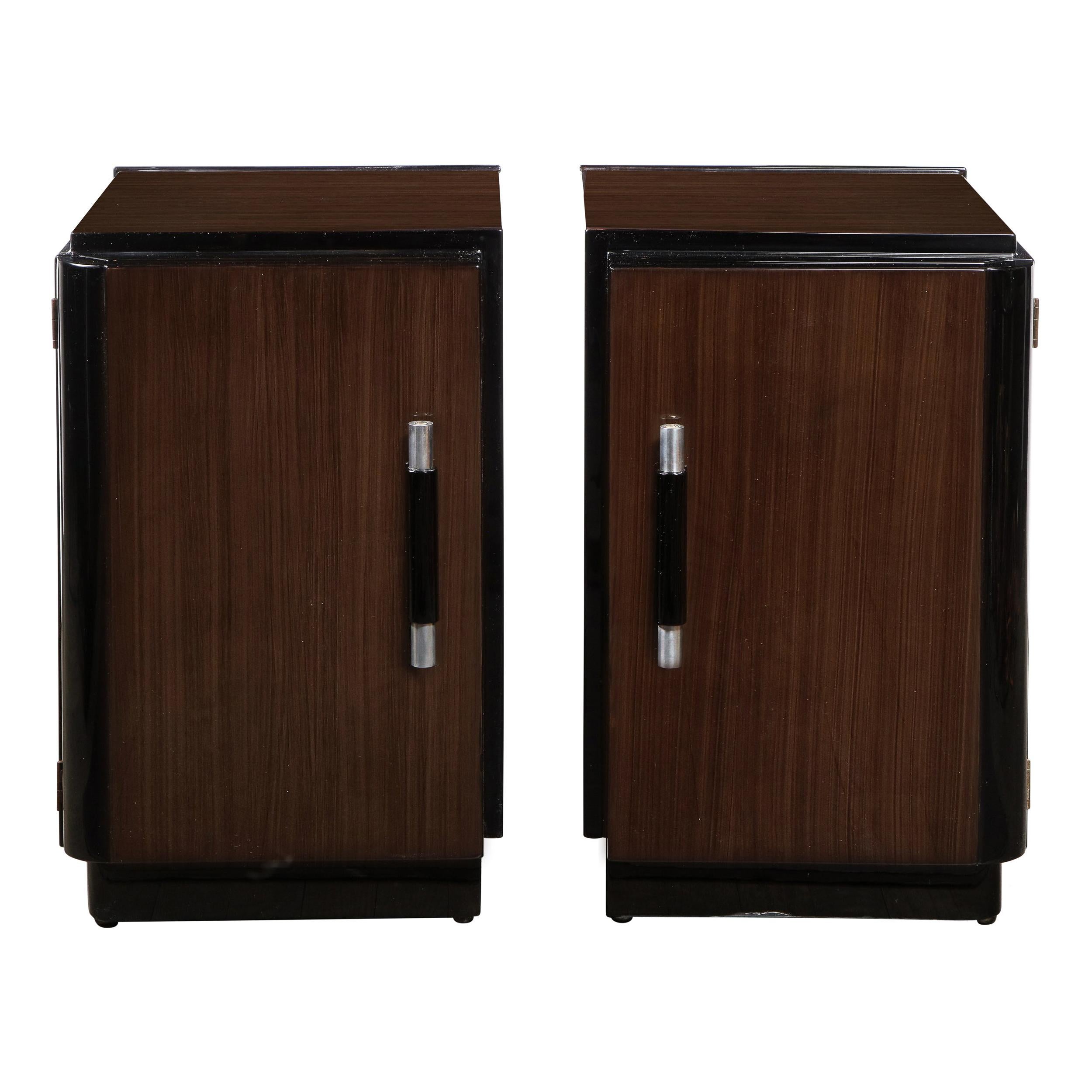 Pair of Art Deco Machine Age Bookmatched Walnut Nightstands w/ Lacquer Details