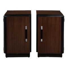 Vintage Pair of Art Deco Machine Age Bookmatched Walnut Nightstands w/ Lacquer Details