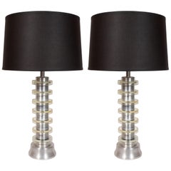 Pair of Art Deco Machine Age Brushed Aluminum & Glass Lamps by Russell Wright