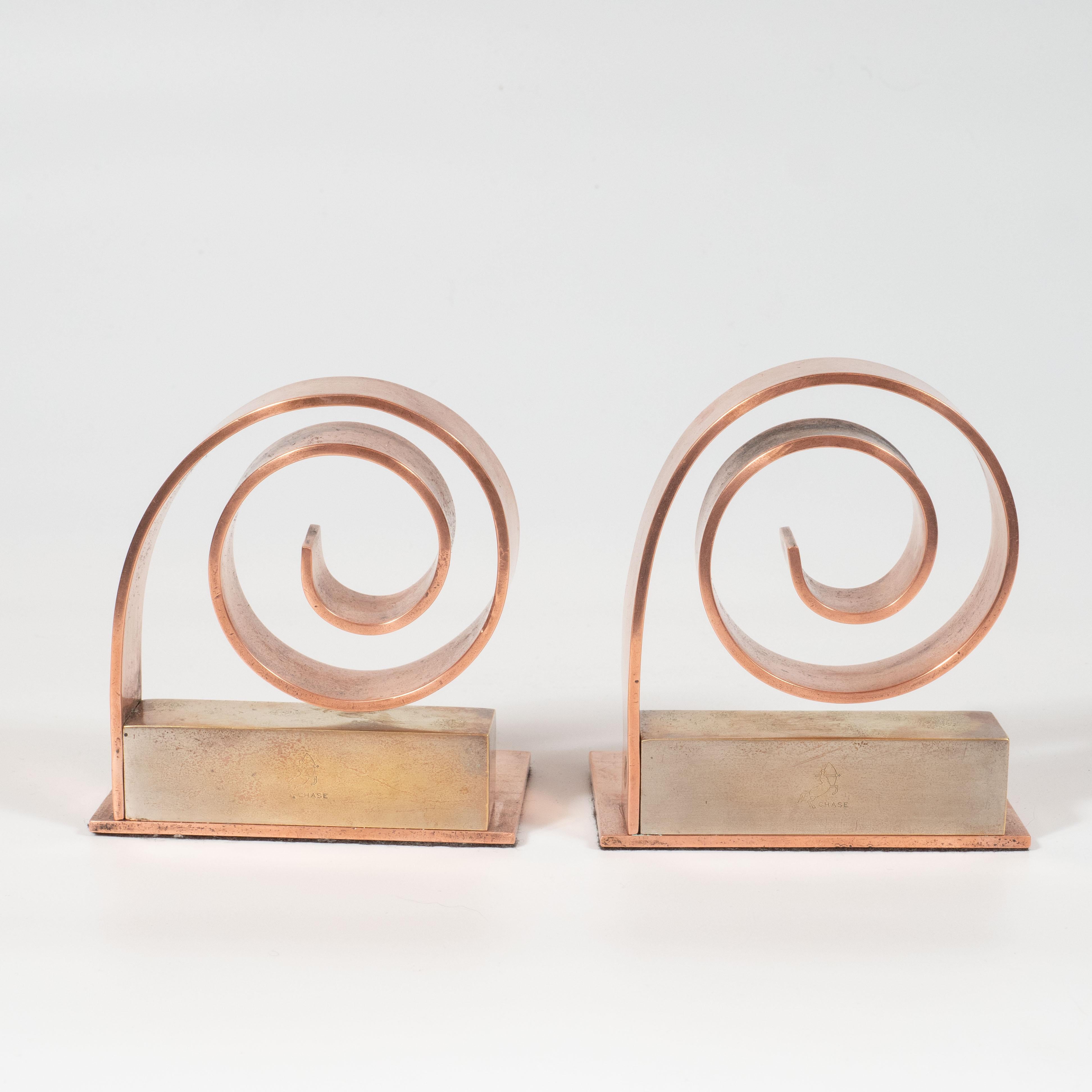 Pair of Art Deco Machine Age Copper Scroll Form Book Ends by Walter Von Nessen 6