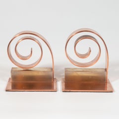 Pair of Art Deco Machine Age Copper Scroll Form Book Ends by Walter Von Nessen
