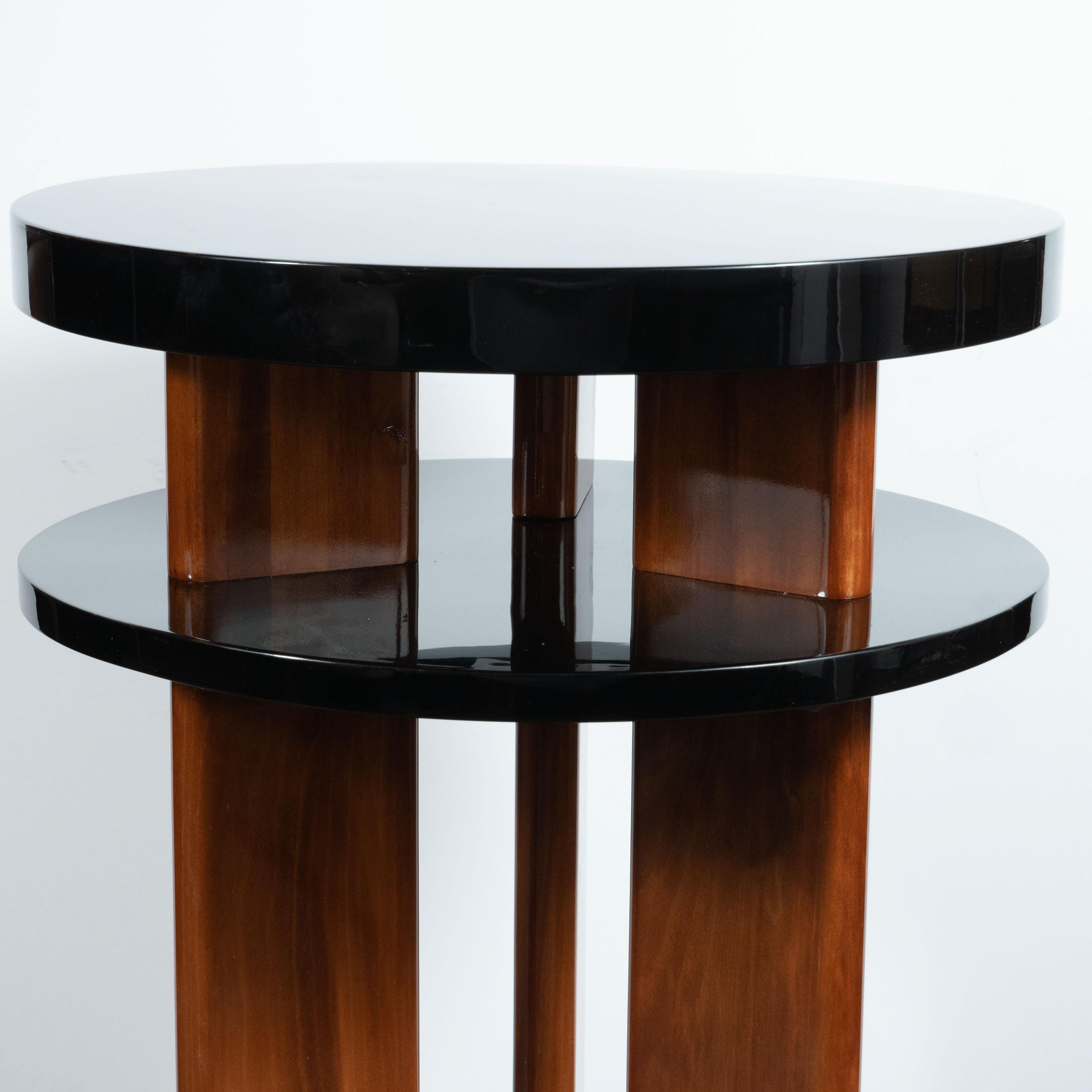 Pair of Art Deco Machine Age Lacquer & Walnut Three Tier Side/ Occasional Tables In Excellent Condition In New York, NY