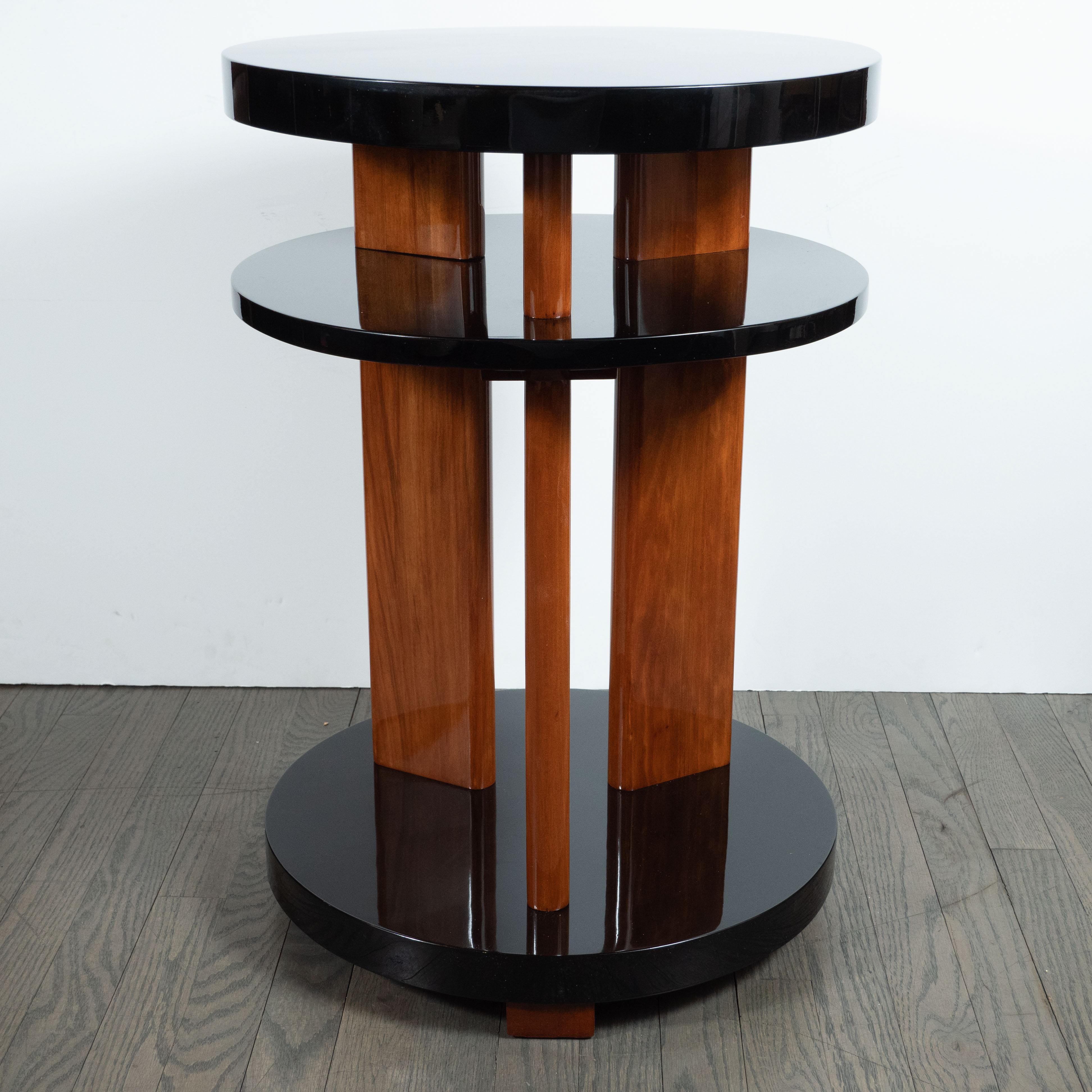Mid-20th Century Pair of Art Deco Machine Age Lacquer & Walnut Three Tier Side/ Occasional Tables