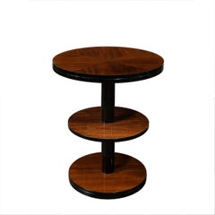 Pair of Art Deco Machine Age Three-Tier Round Side Tables in Book-Matched Walnut