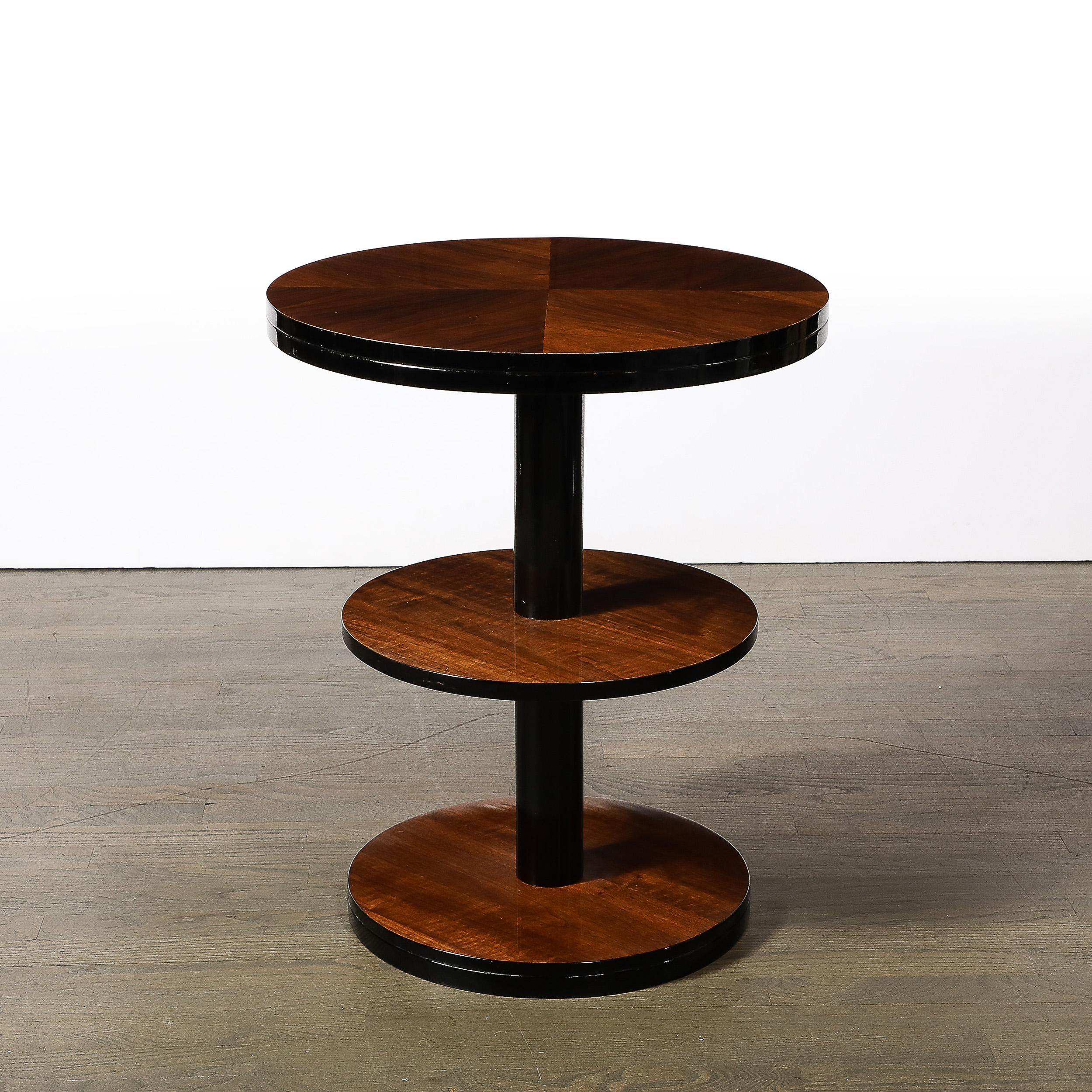 Pair of Art Deco Machine Age Three-Tier Round Side Tables in Book-Matched Walnut In Excellent Condition In New York, NY
