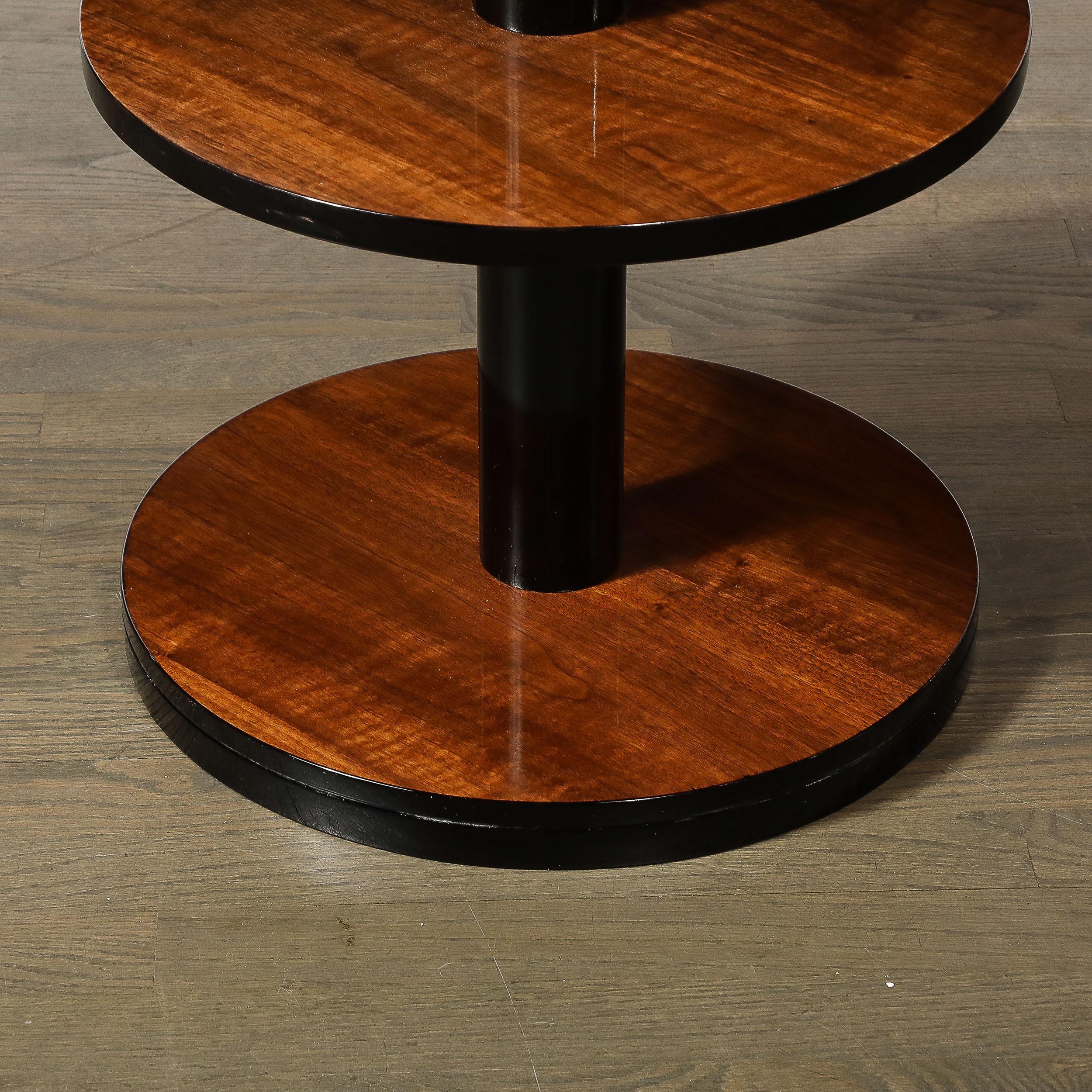Mid-20th Century Pair of Art Deco Machine Age Three-Tier Round Side Tables in Book-Matched Walnut