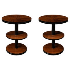 Pair of Art Deco Machine Age Three-Tier Round Side Tables in Book-Matched Walnut