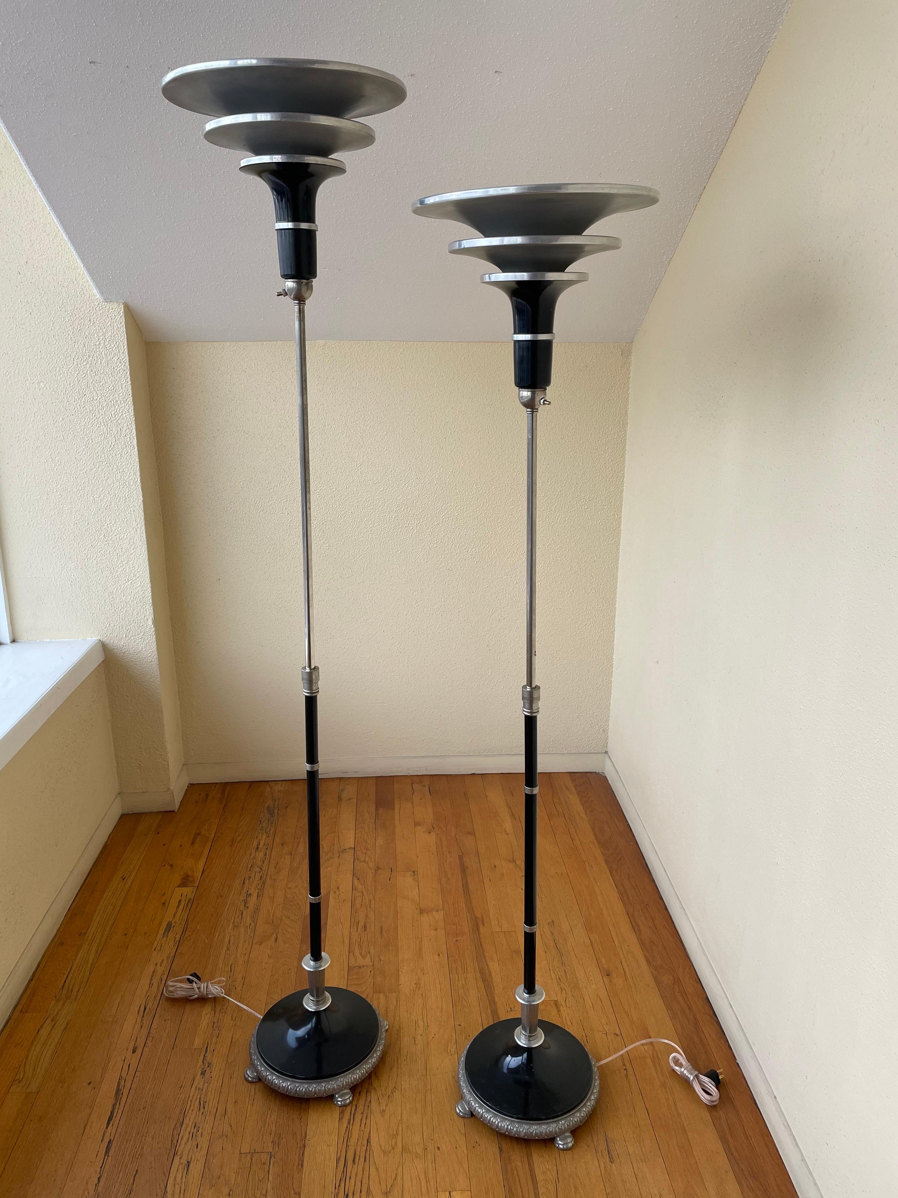 American Pair of Art Deco Machine Age Torchiere Floor Lamps