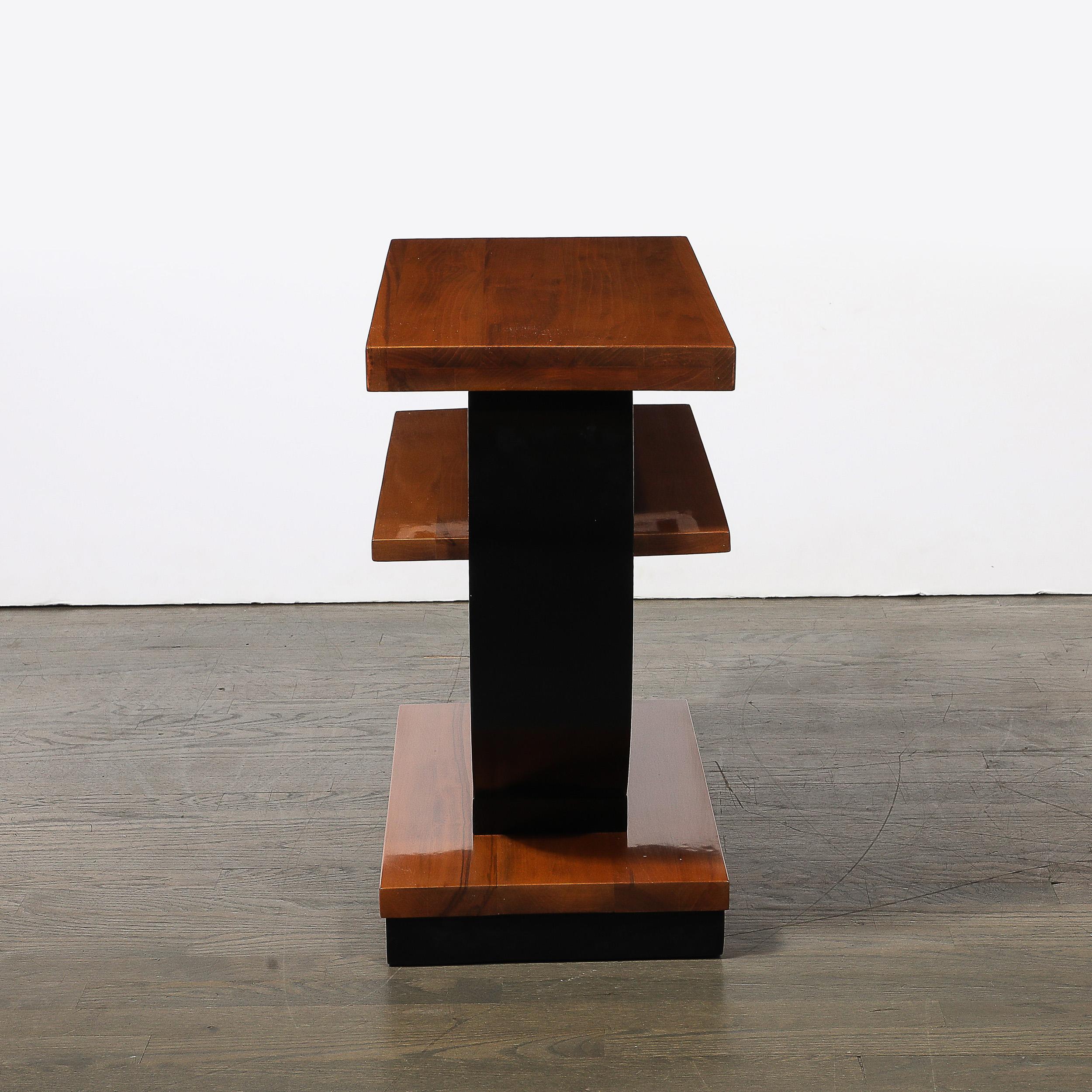 Pair of Art Deco Machine Age Two-Tier Side Tables in Walnut & Black Lacquer For Sale 5