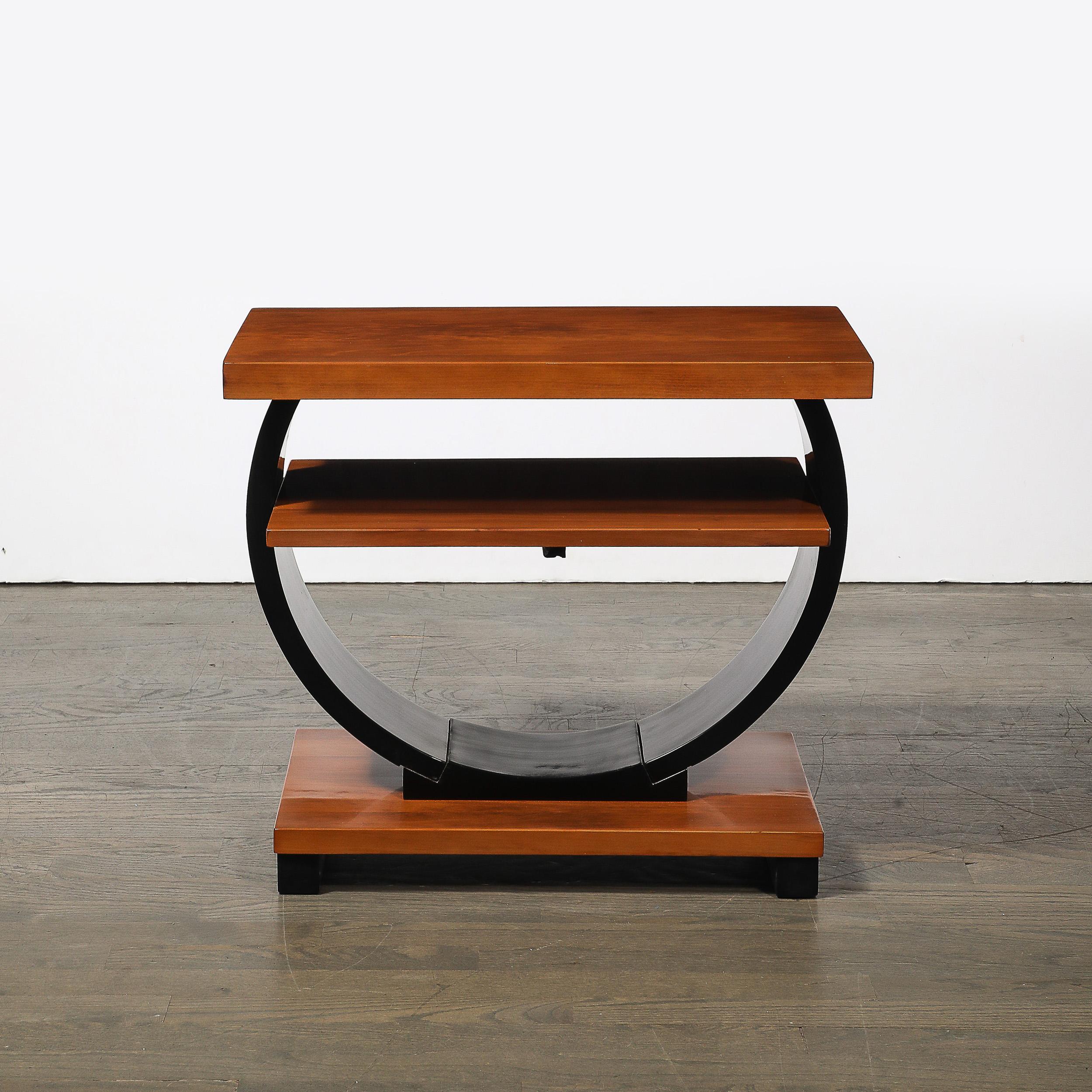 Pair of Art Deco Machine Age Two-Tier Side Tables in Walnut & Black Lacquer For Sale 6