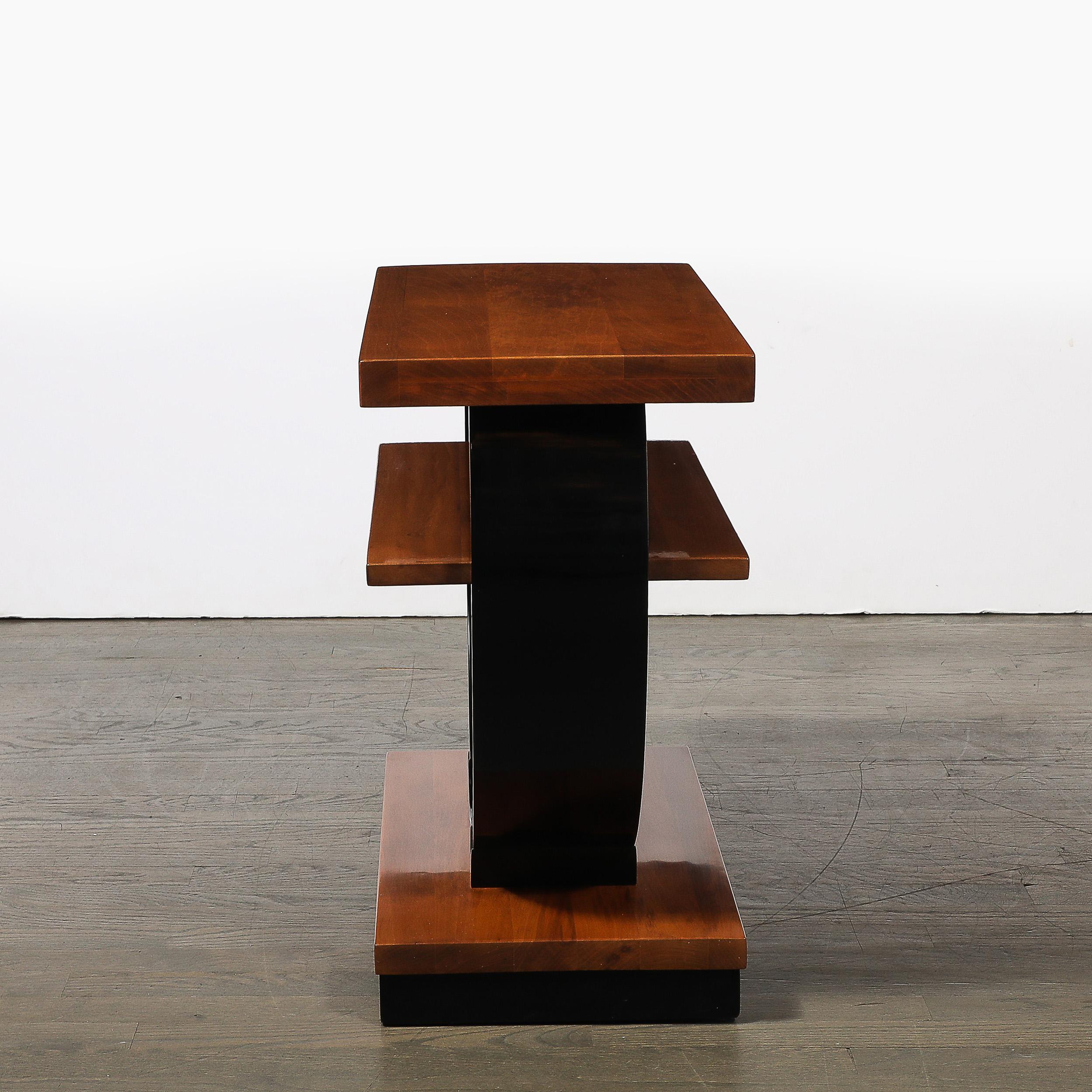 Pair of Art Deco Machine Age Two-Tier Side Tables in Walnut & Black Lacquer For Sale 8