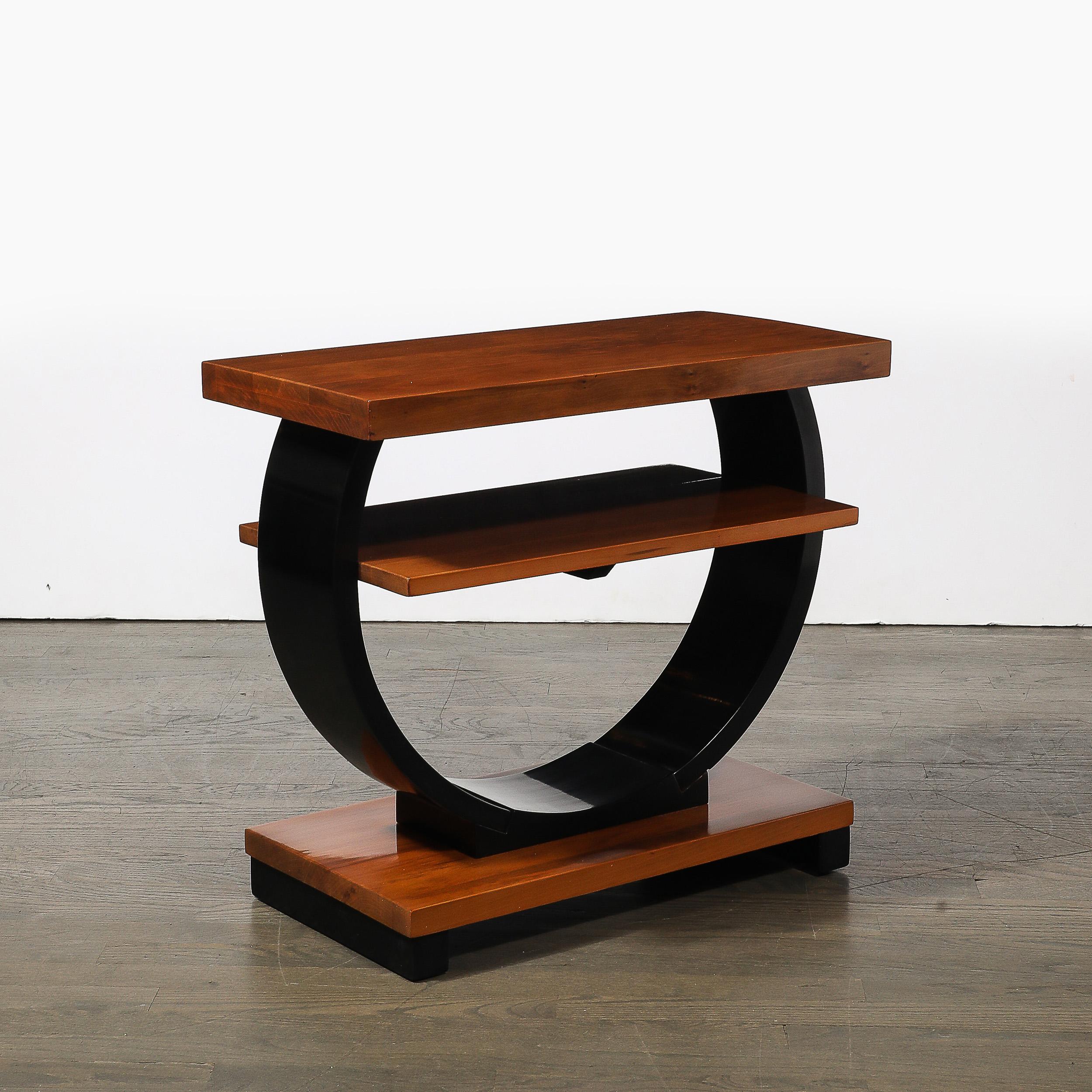 Pair of Art Deco Machine Age Two-Tier Side Tables in Walnut & Black Lacquer For Sale 9