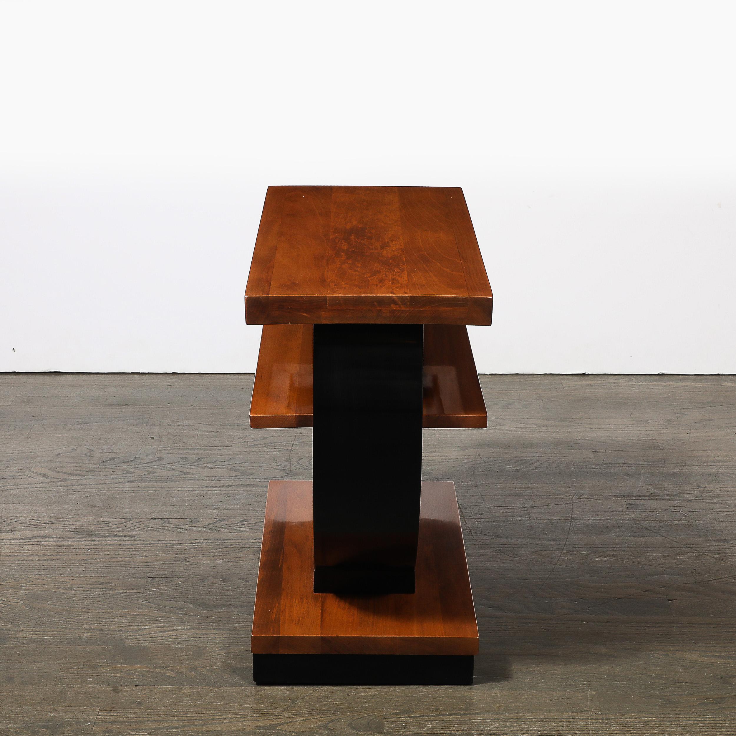 Pair of Art Deco Machine Age Two-Tier Side Tables in Walnut & Black Lacquer For Sale 10