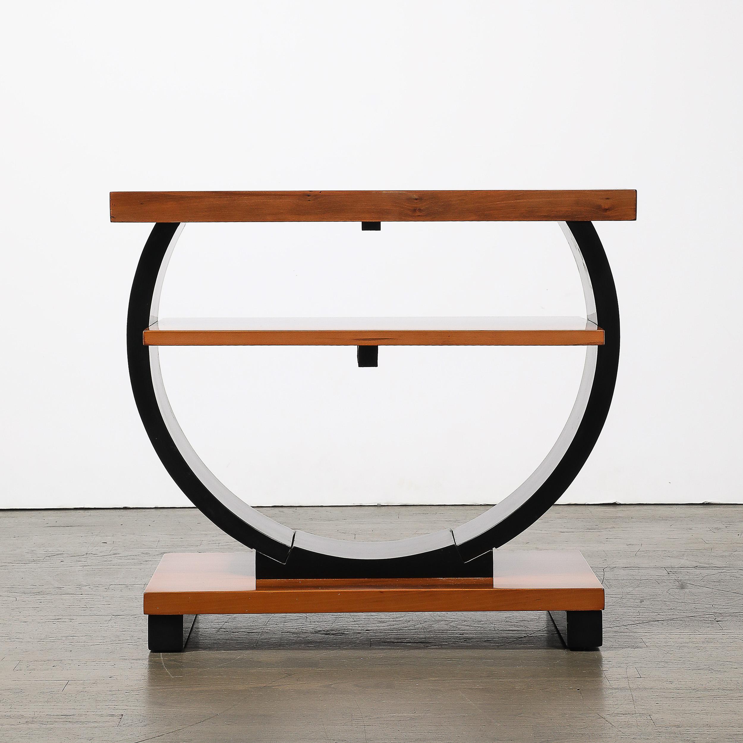 Pair of Art Deco Machine Age Two-Tier Side Tables in Walnut & Black Lacquer For Sale 12