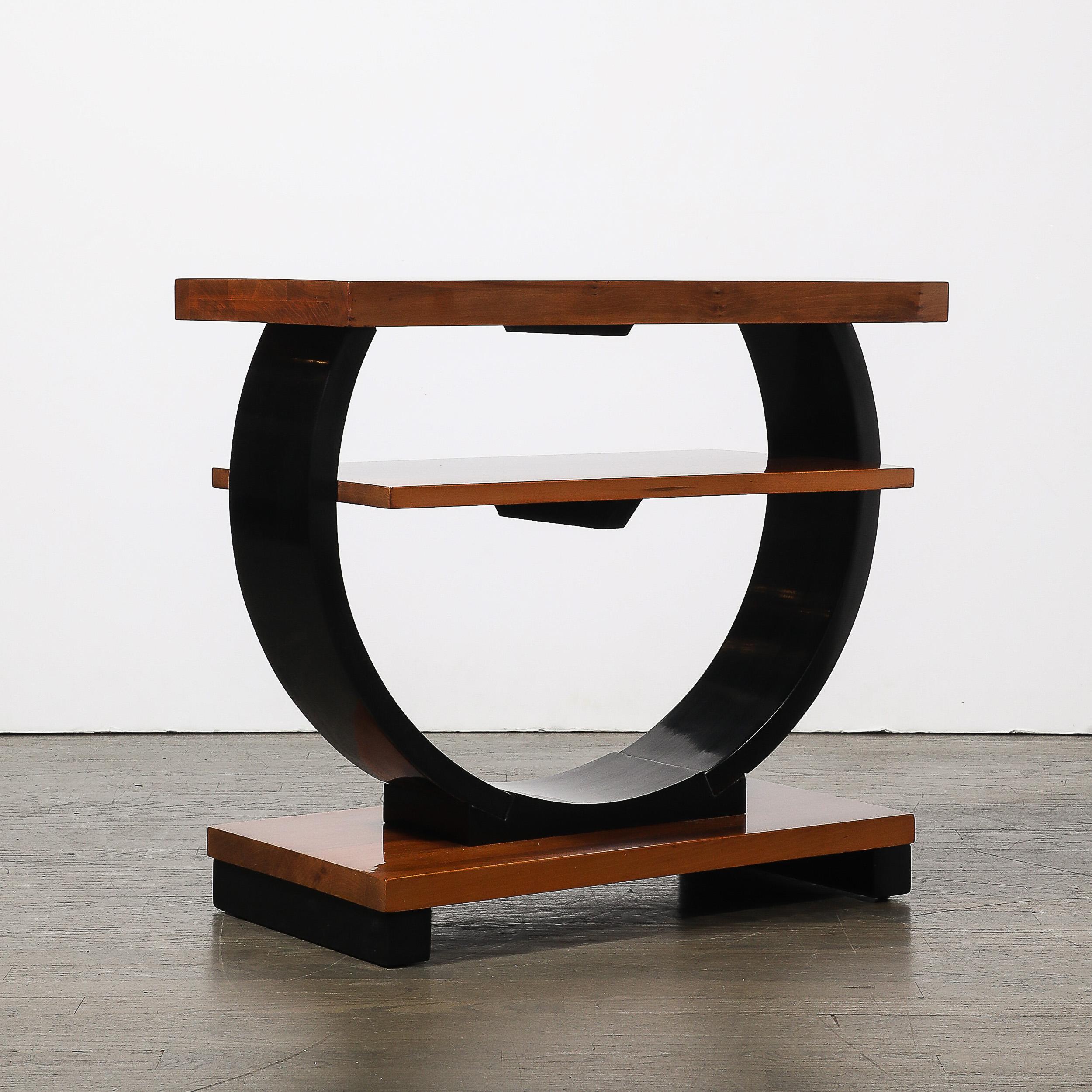 Pair of Art Deco Machine Age Two-Tier Side Tables in Walnut & Black Lacquer For Sale 13