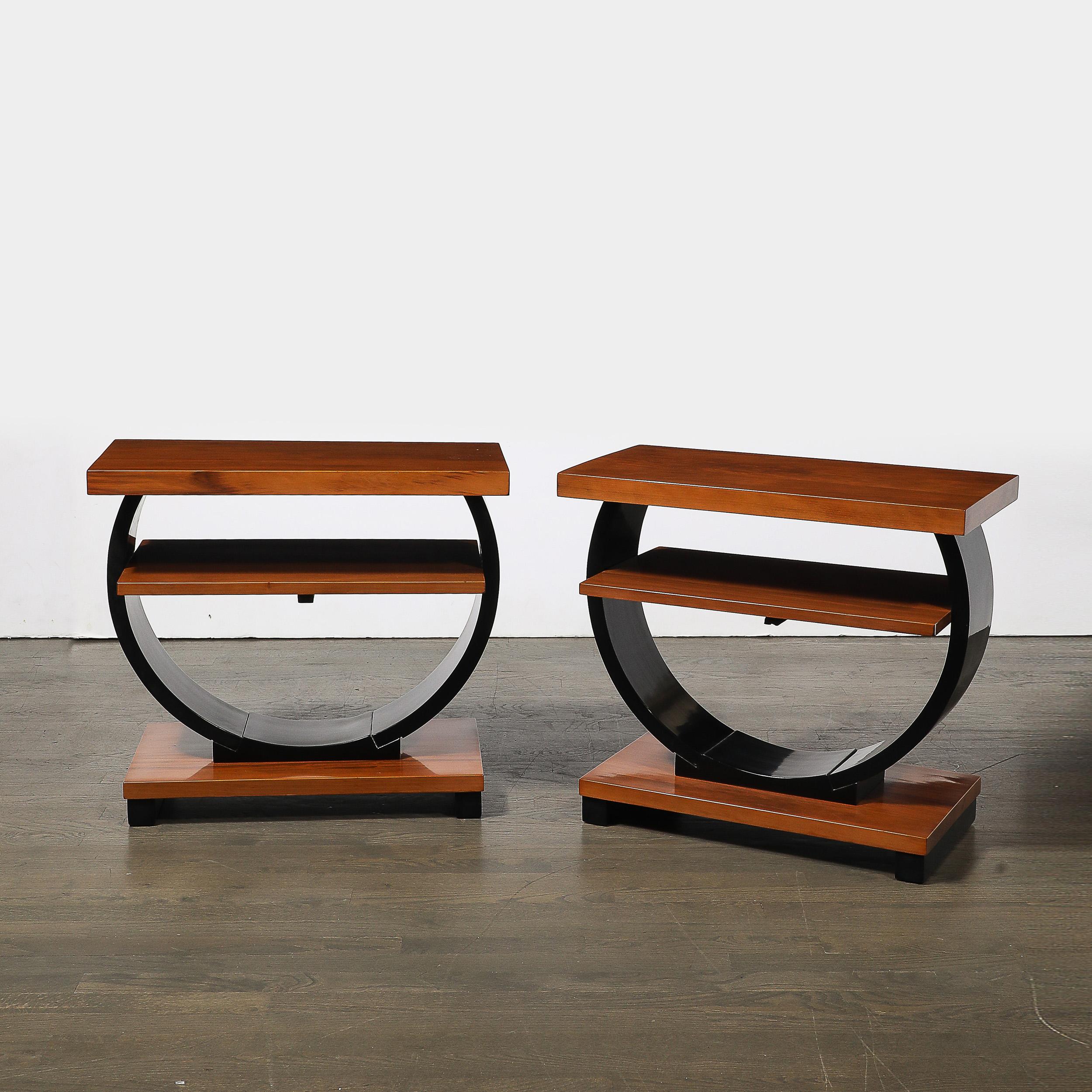 American Pair of Art Deco Machine Age Two-Tier Side Tables in Walnut & Black Lacquer For Sale