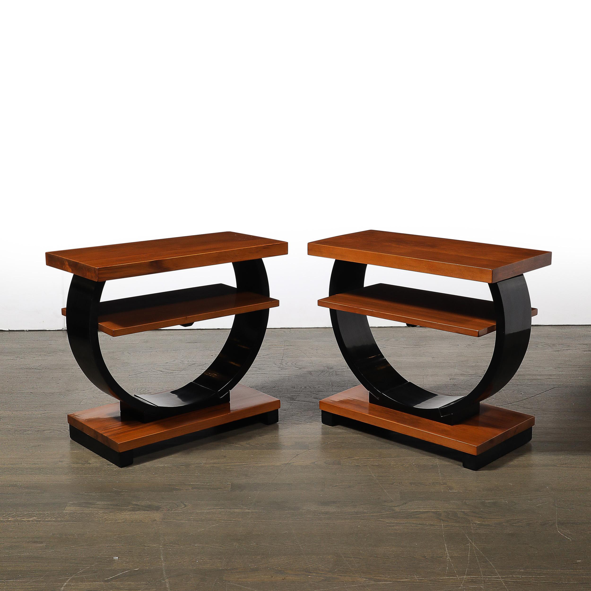 Pair of Art Deco Machine Age Two-Tier Side Tables in Walnut & Black Lacquer In Excellent Condition For Sale In New York, NY