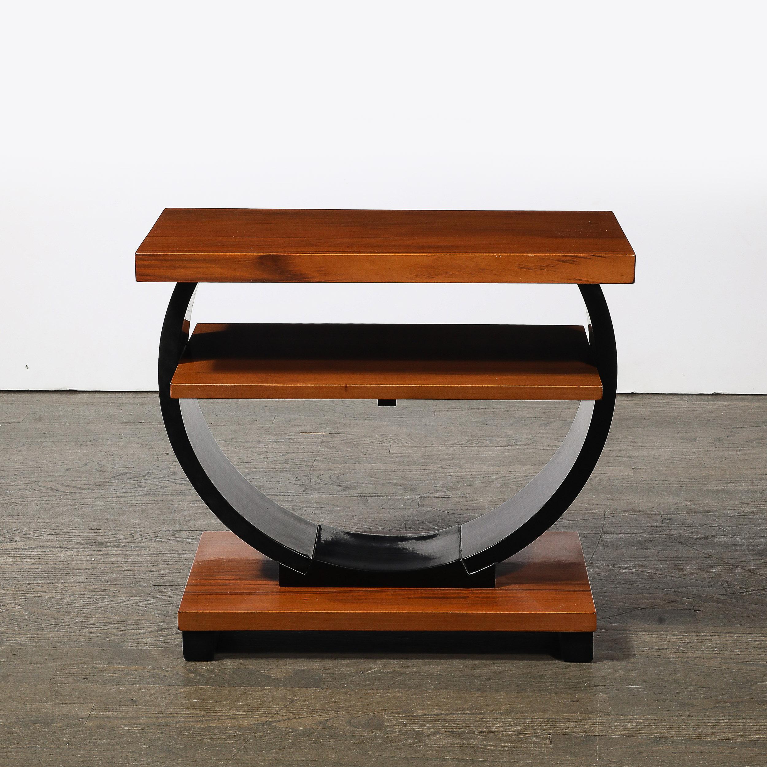 Mid-20th Century Pair of Art Deco Machine Age Two-Tier Side Tables in Walnut & Black Lacquer For Sale