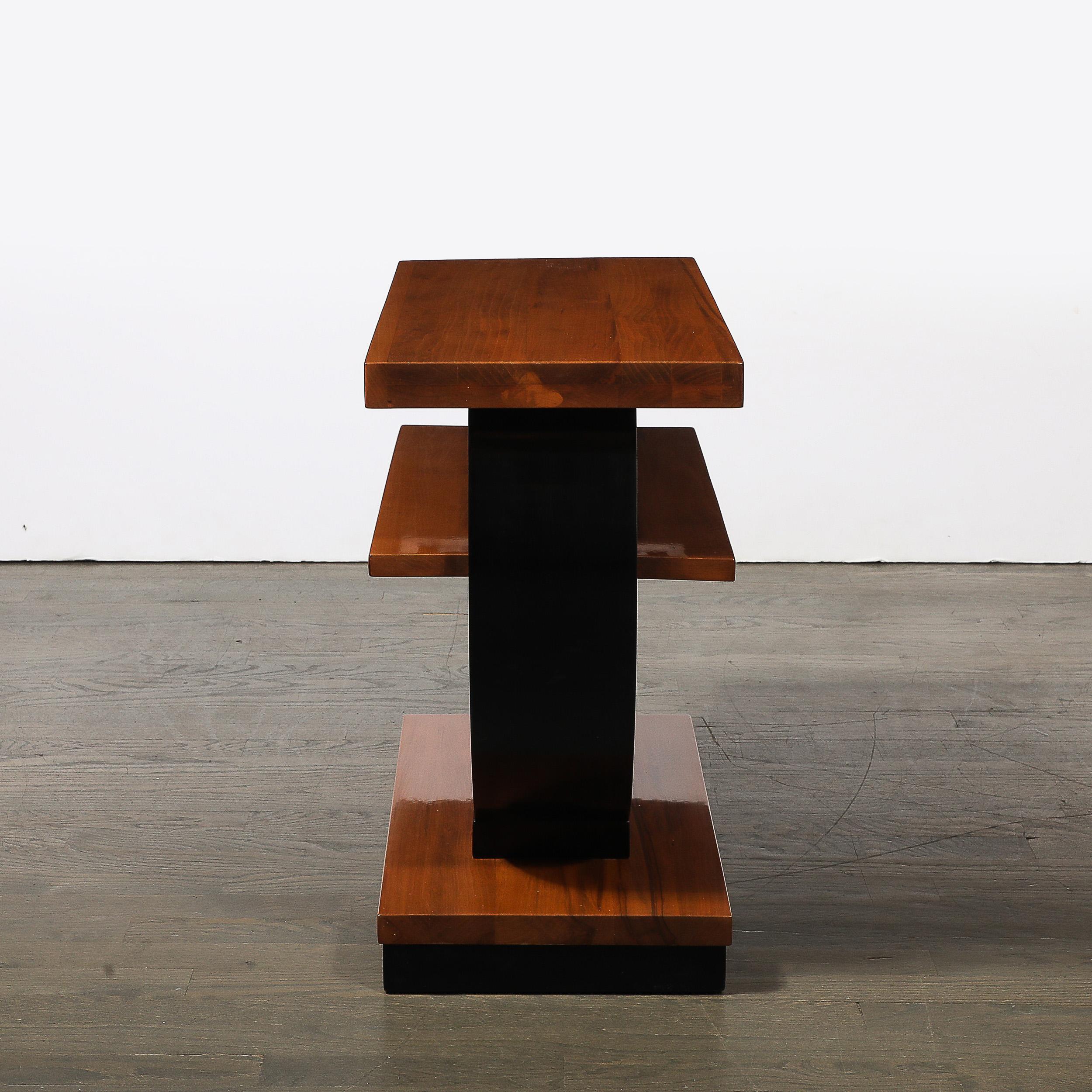 Pair of Art Deco Machine Age Two-Tier Side Tables in Walnut & Black Lacquer For Sale 2